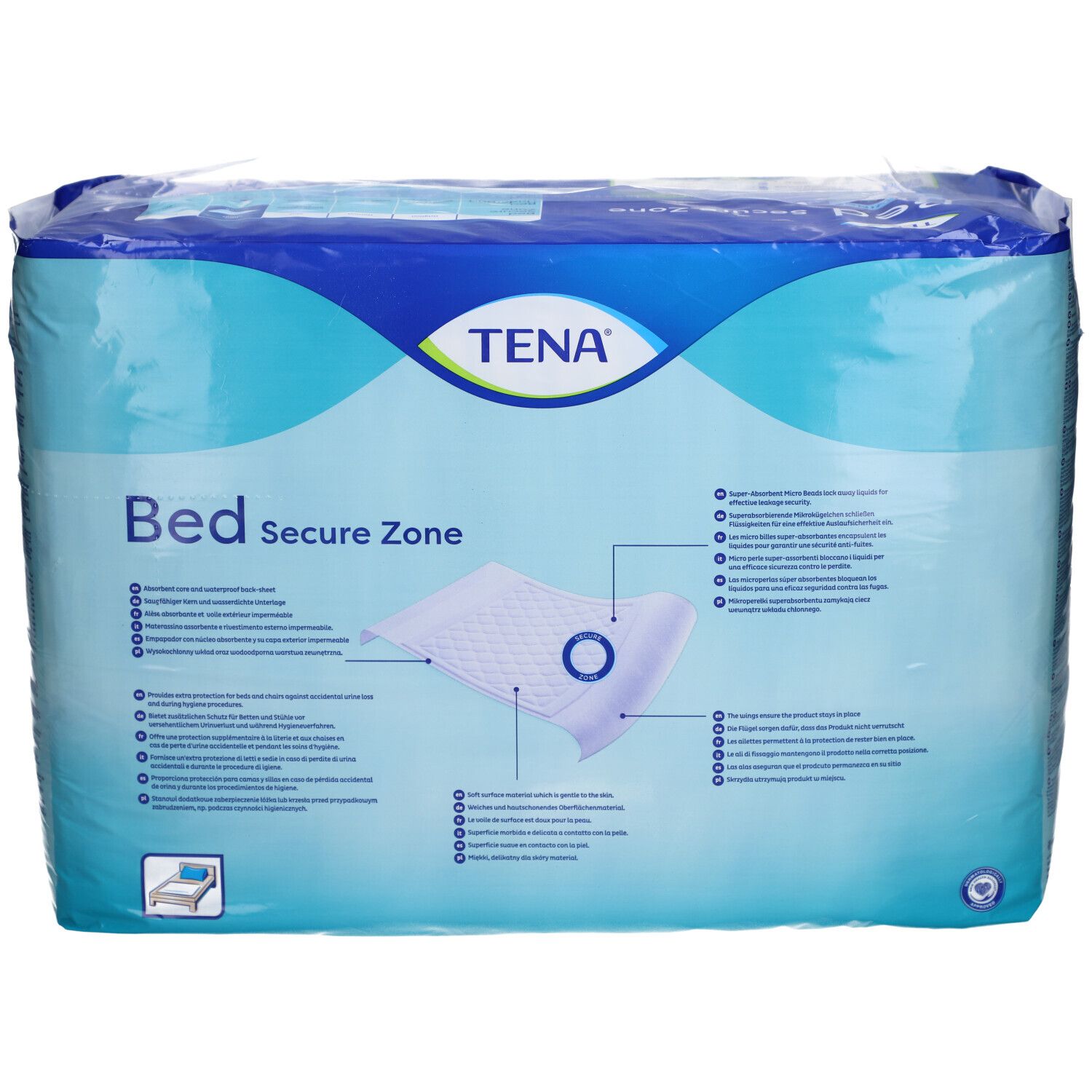 Confezione TENA Bed Secure Zone. Confezione blu con nome e logo del prodotto. Illustrazione del prodotto.