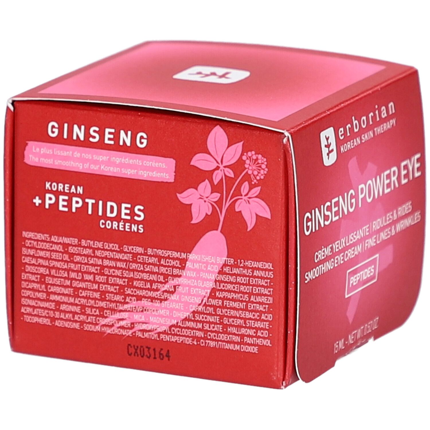 Confezione rossa con nome del prodotto e ingredienti. Testo in inglese e francese. CX03164.