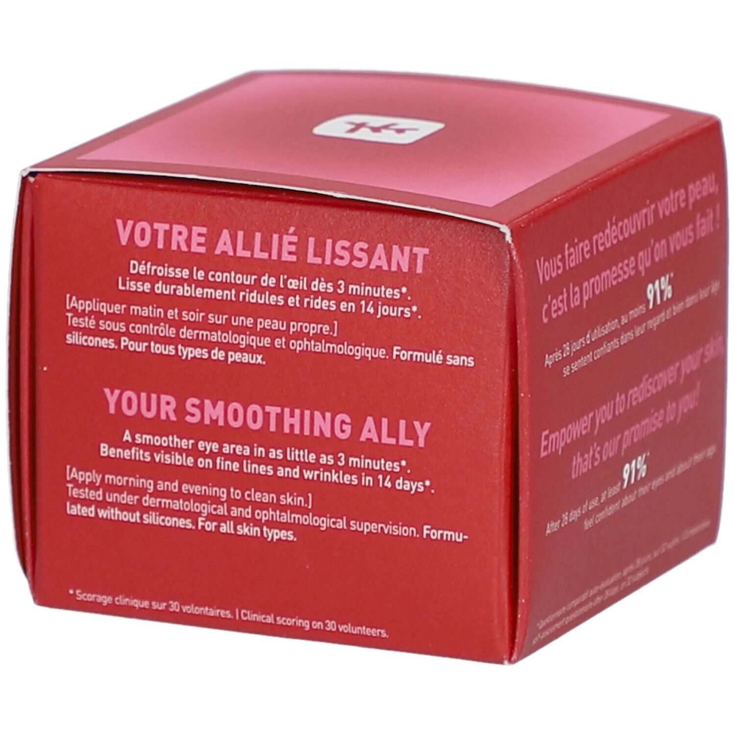 Confezione rossa con testo in inglese e francese. Contiene informazioni sull'uso e i risultati.