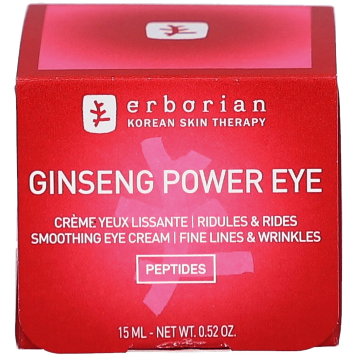 Confezione rossa con nome e dettagli del prodotto. Testo in inglese e francese. 15 ml.