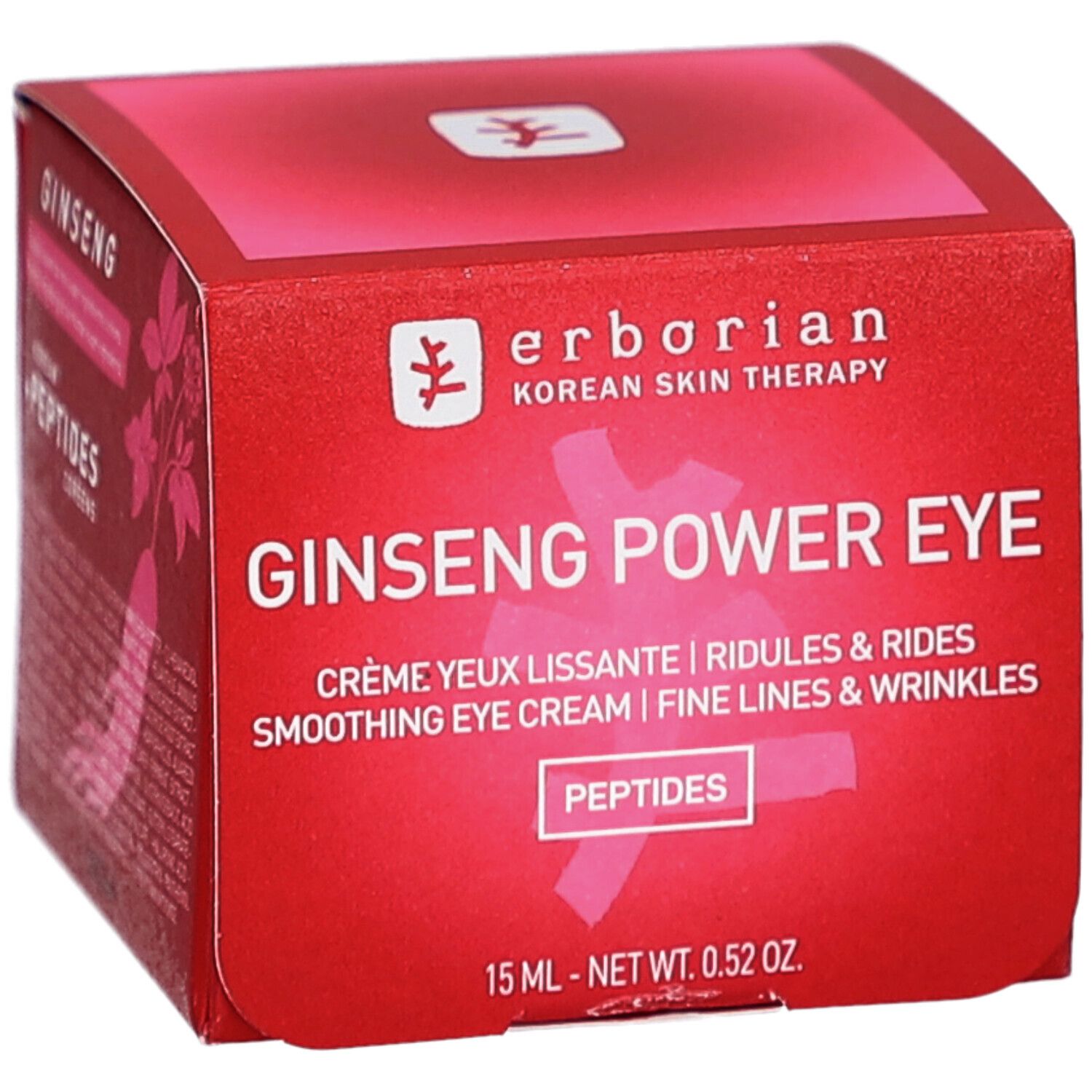 Confezione rossa con nome e dettagli del prodotto. Testo in inglese e francese. 15 ml.