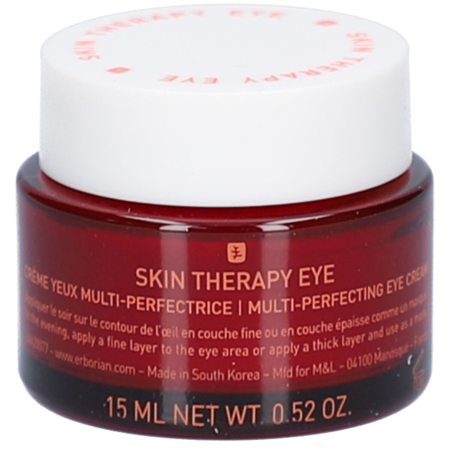 Vasetto rosso con coperchio bianco. Testo: "SKIN THERAPY EYE". Scritta: 15 ml NET WT. 0.52 OZ. Testo: Made in South Korea.