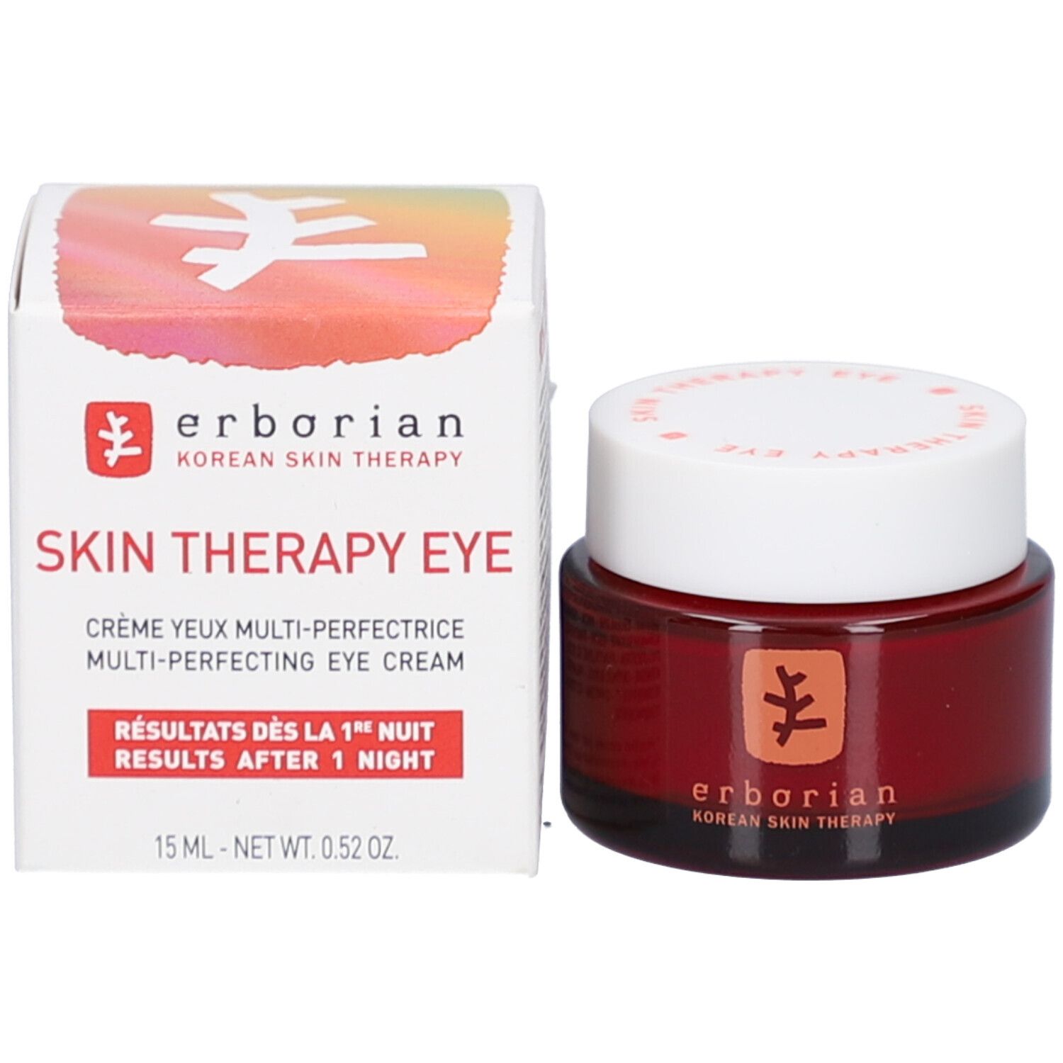 Prodotto e confezione. Scatola bianca con prodotto. Sulla scatola "SKIN THERAPY EYE". Sul prodotto "erborian".