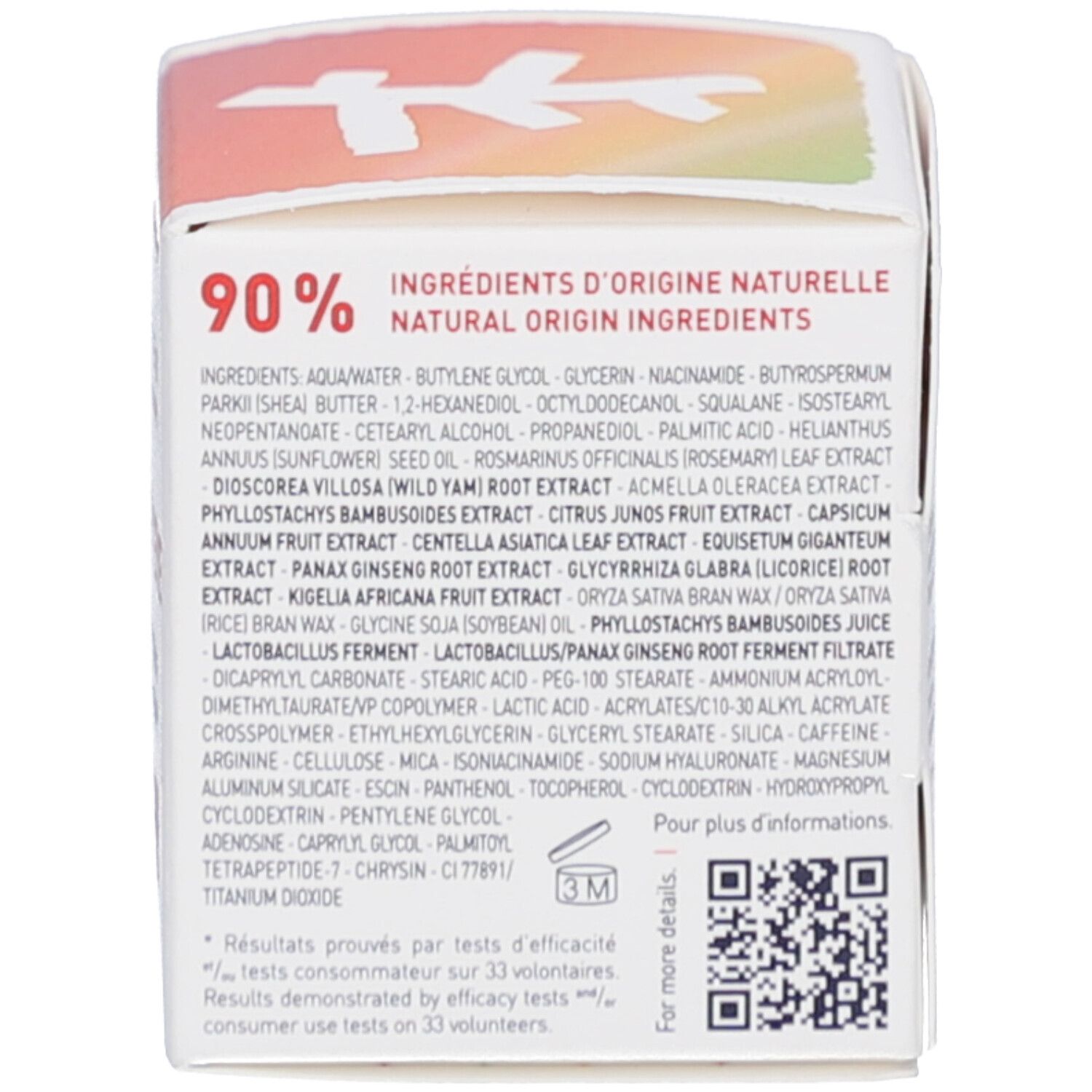 Retro della scatola. Elenco degli ingredienti. Testo: 90% INGREDIENTS D'ORIGINE NATURELLE. Codice QR.