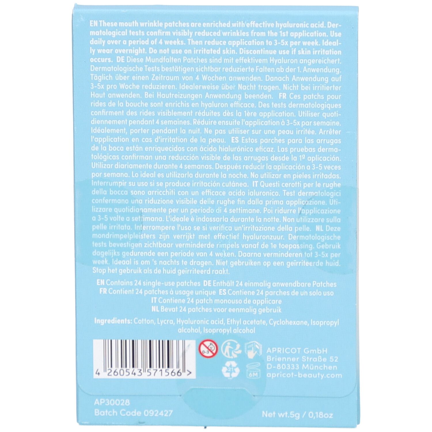Retro della confezione con informazioni sul prodotto. Contiene testo in più lingue, ingredienti e indirizzo del produttore.