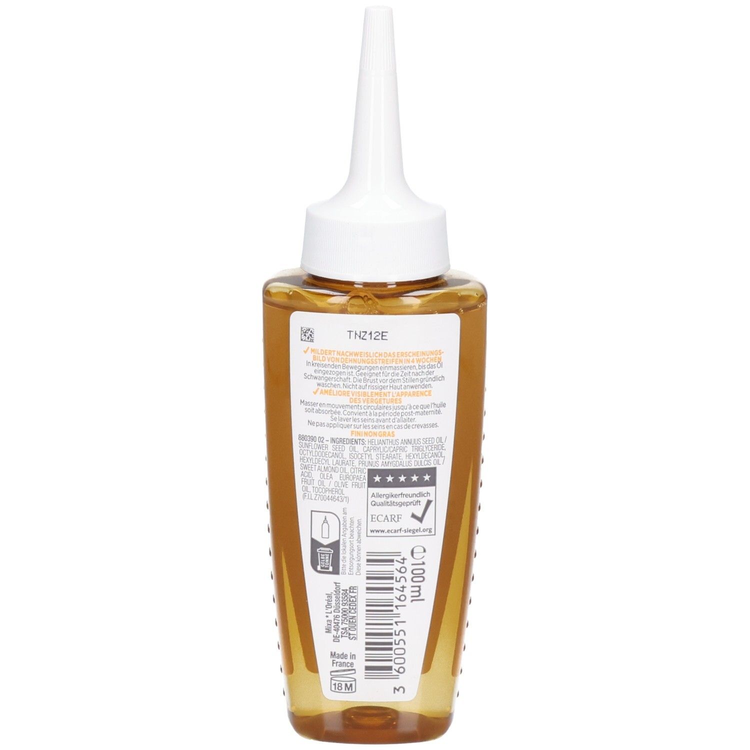 Retro del flacone di Olio Mixa Smagliature con ingredienti e certificazioni.