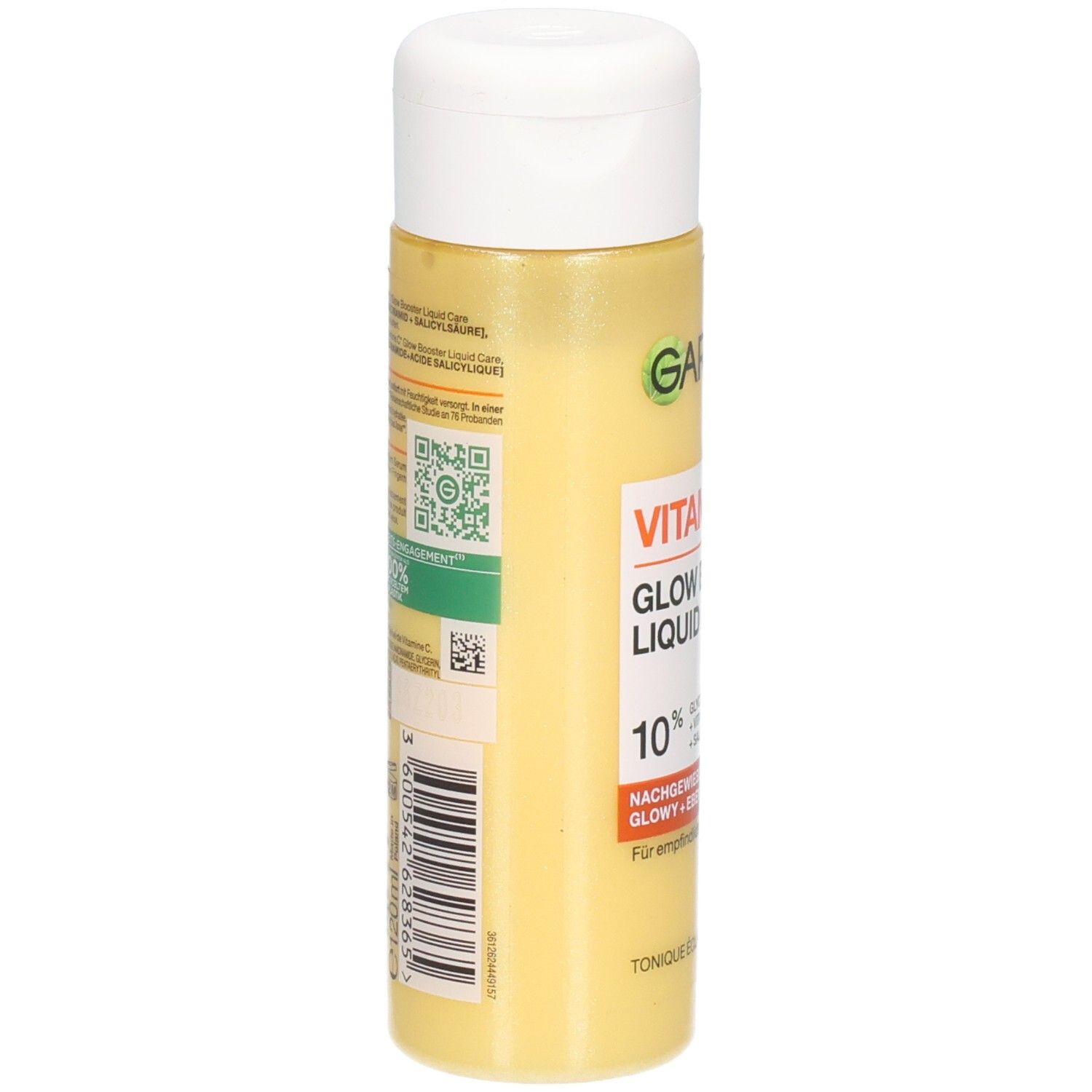 Retro del flacone Garnier Vitamin C Glow Booster Liquid Care con codice a barre e informazioni sul prodotto.