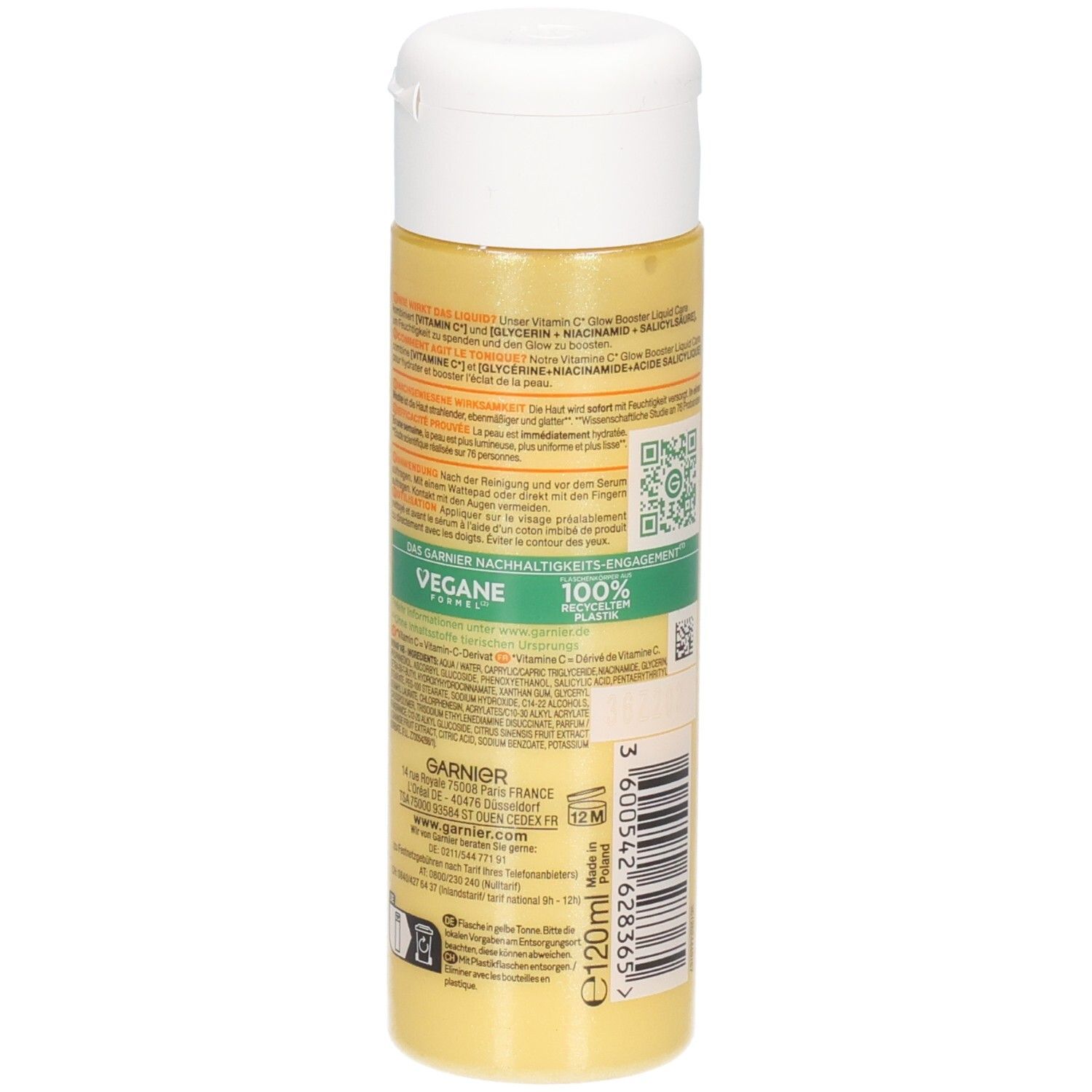 Vista laterale del flacone Garnier Vitamin C Glow Booster Liquid Care con etichetta e sigillo vegano.