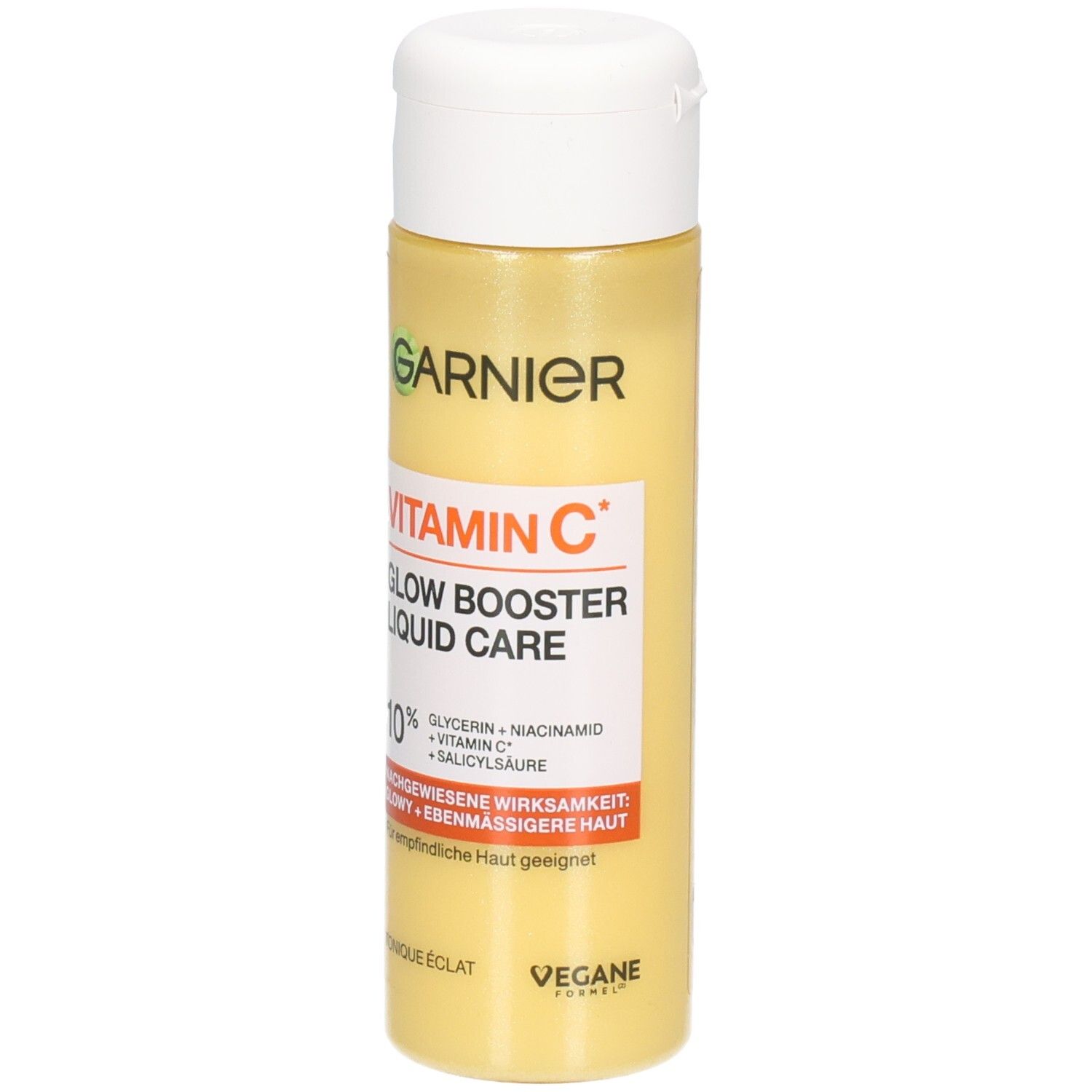 Garnier Vitamin C Glow Booster Liquid Care fluido viso in flacone giallo con tappo a scatto bianco.