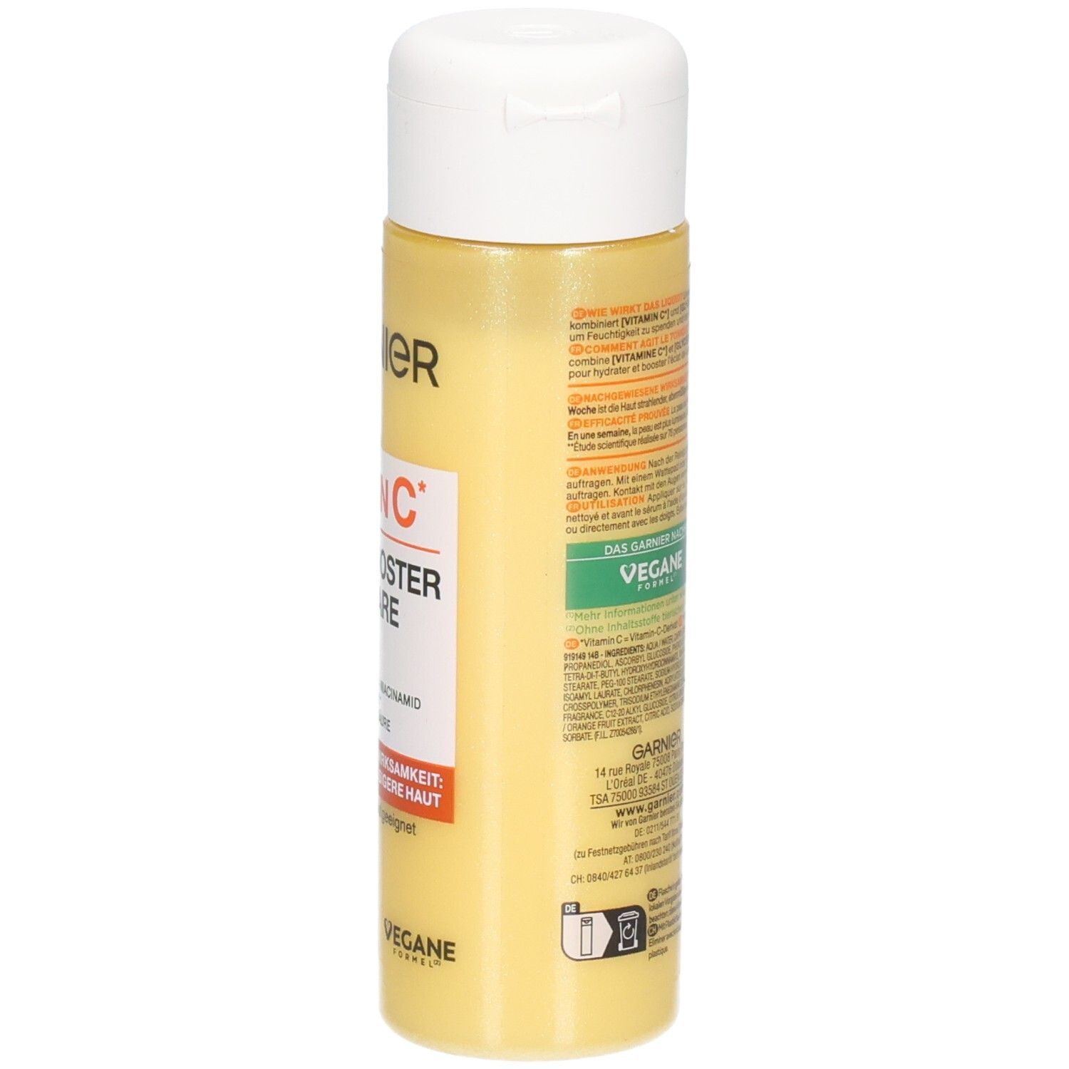 Retro del flacone Garnier Vitamin C Glow Booster Liquid Care con istruzioni dettagliate per l'uso.