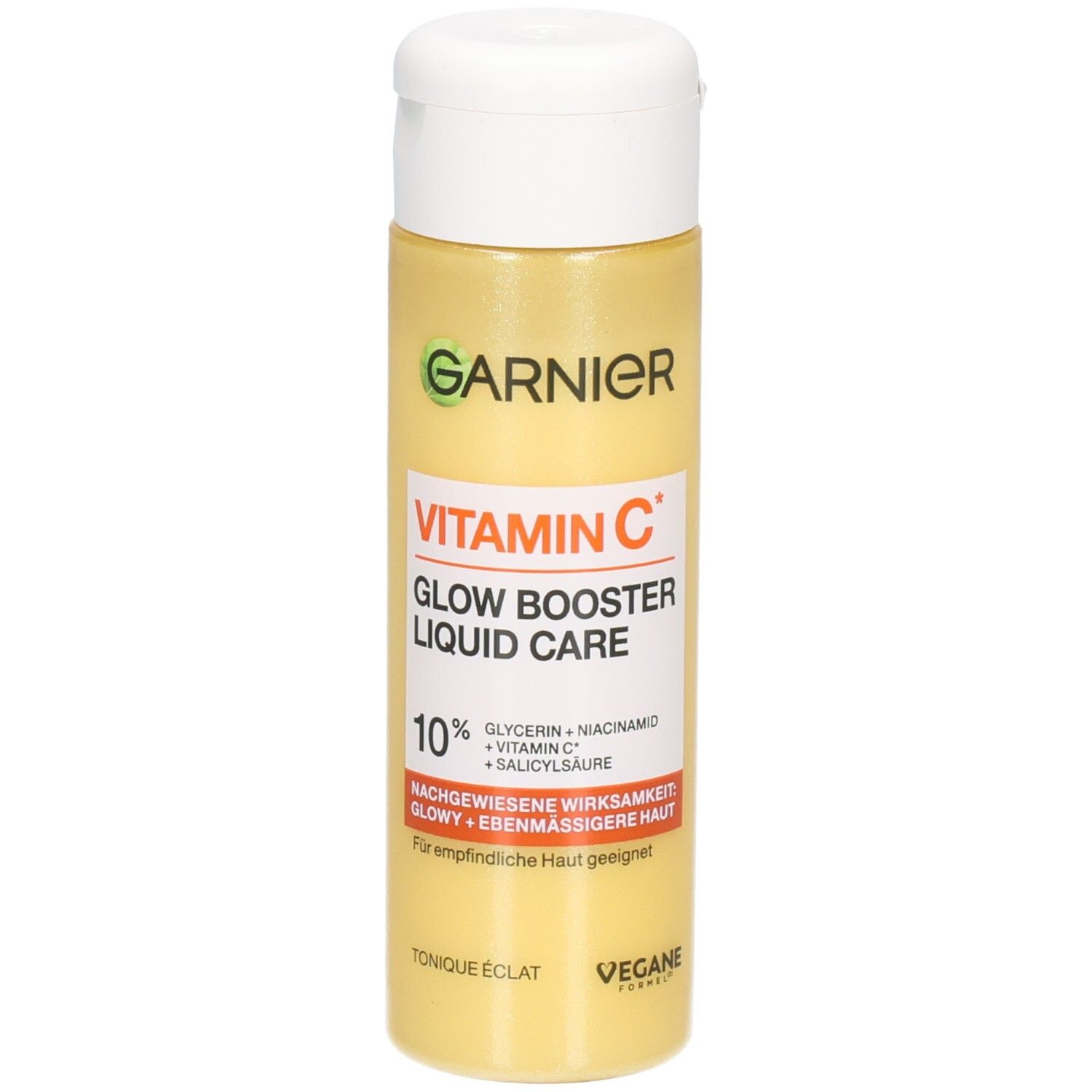 Garnier Vitamin C Glow Booster Liquid Care fluido viso in flacone giallo con tappo a scatto bianco.