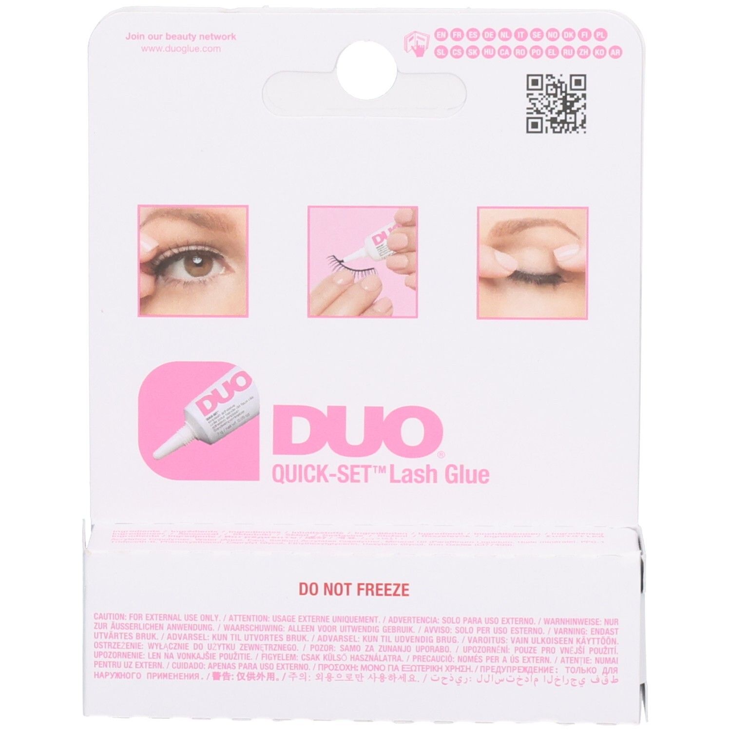 Retro della confezione: DUO QUICK-SET Lash Glue, scuro. Con istruzioni per l'uso.