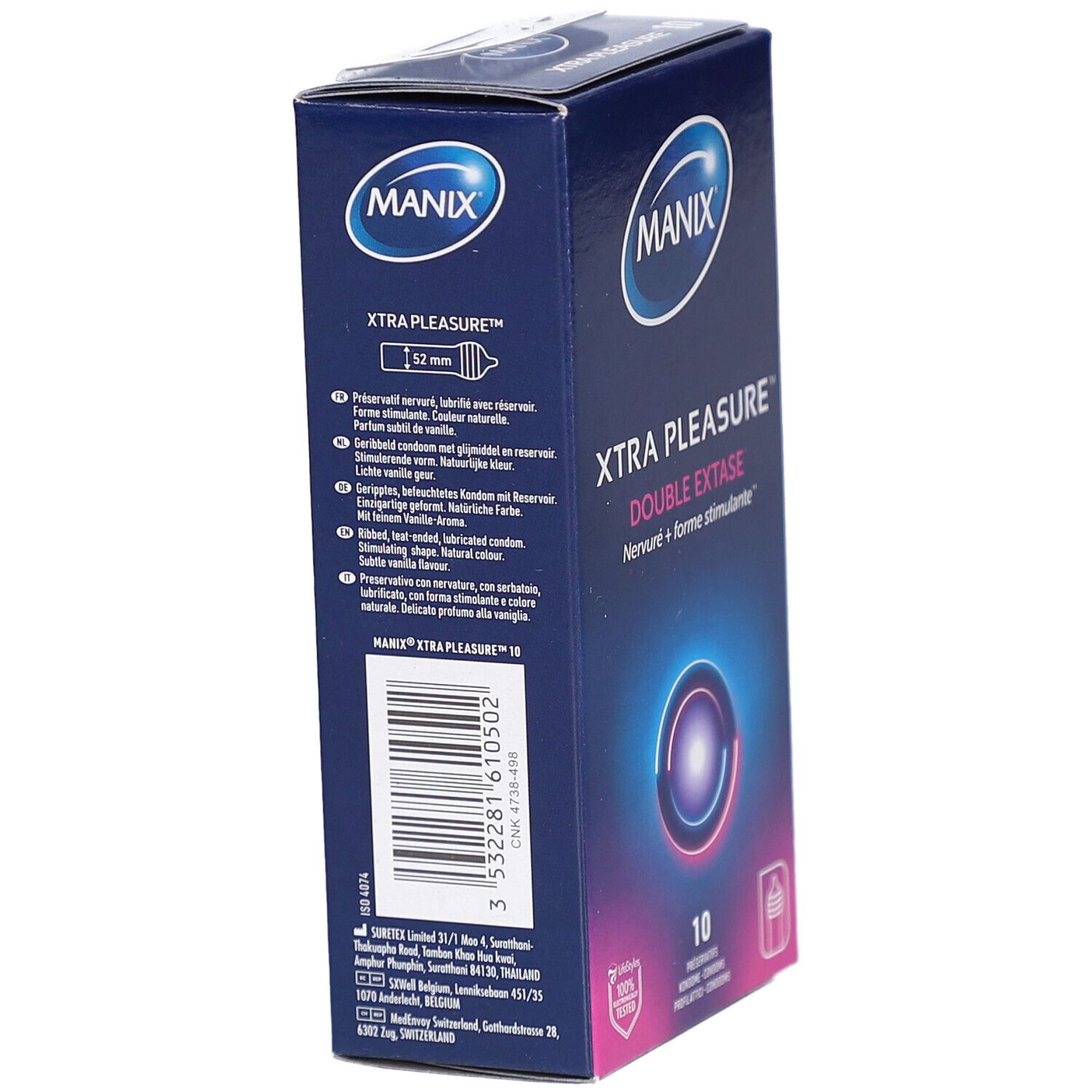 Confezione di preservativi Manix Xtra Pleasure, lato dettagli.