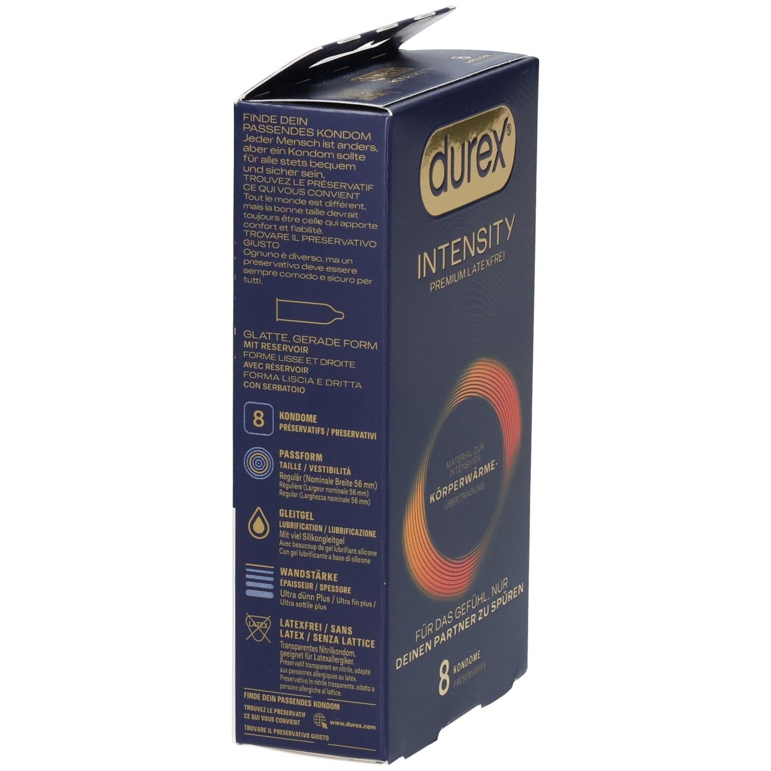 Confezione di preservativi Durex Intensiti, 8 pezzi, senza lattice.
