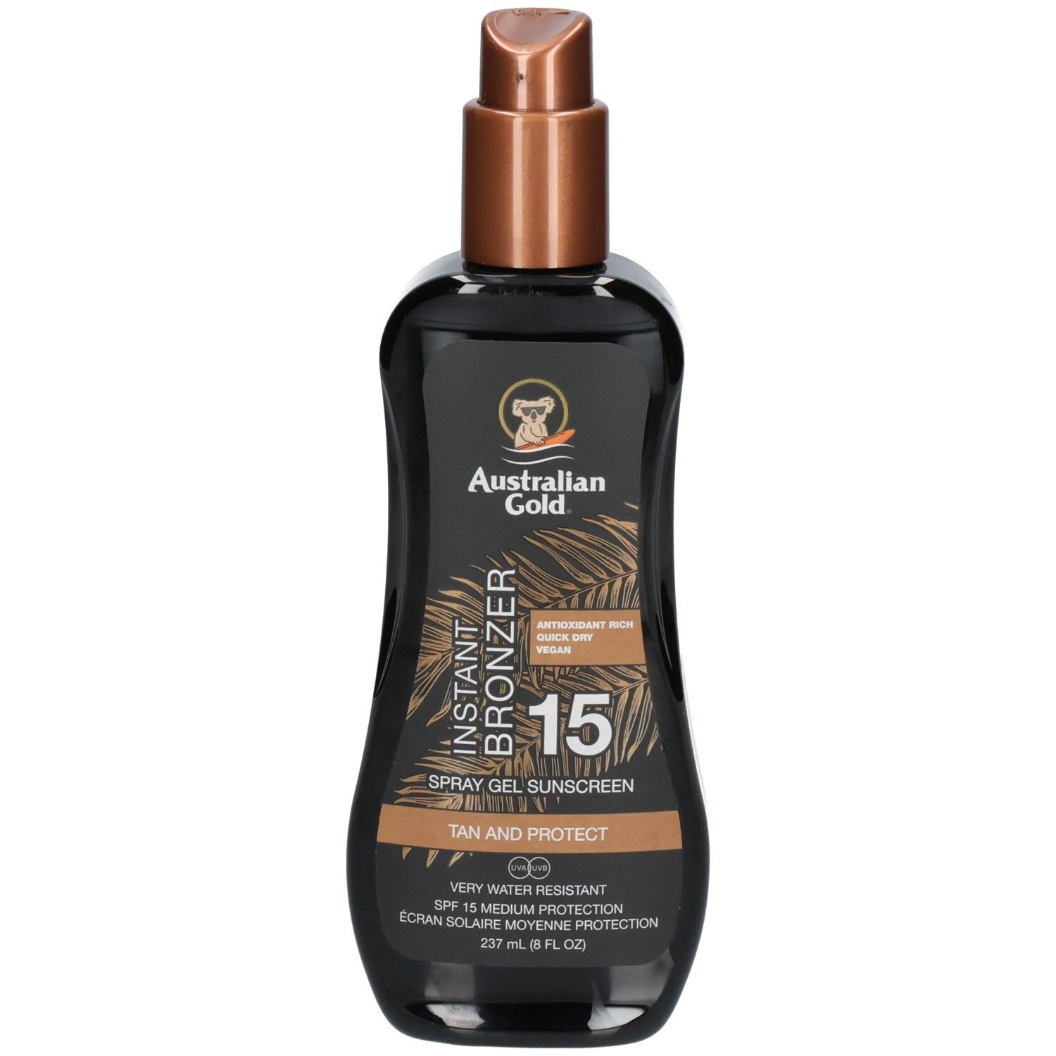 Flacone spray nero Australian Gold Instant Bronzer SPF 15 Spray Gel Sunscreen.