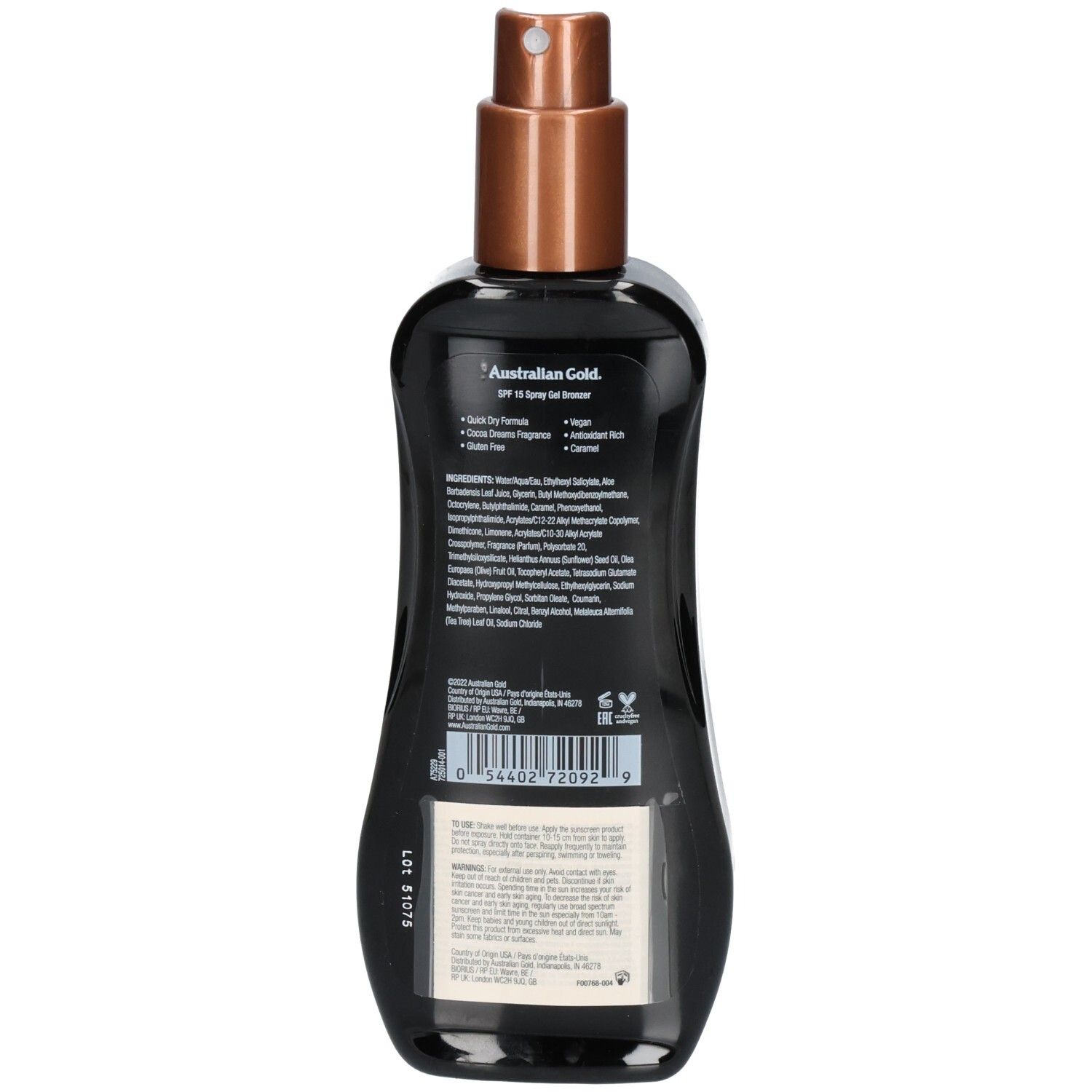 Retro di un flacone spray nero Australian Gold Instant Bronzer SPF 15 Spray Gel Sunscreen.