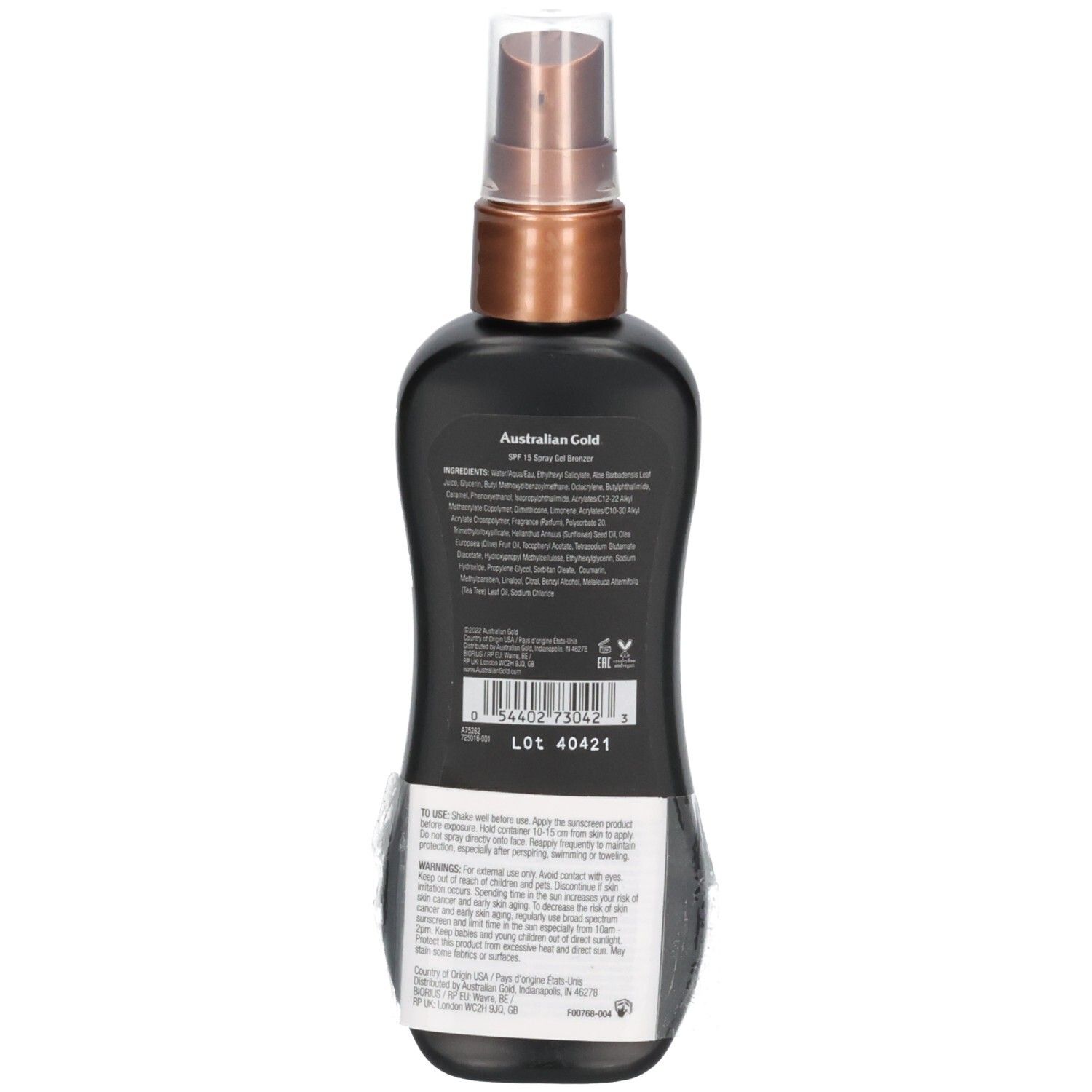 Retro di un flacone spray nero Australian Gold Instant Bronzer SPF 15.