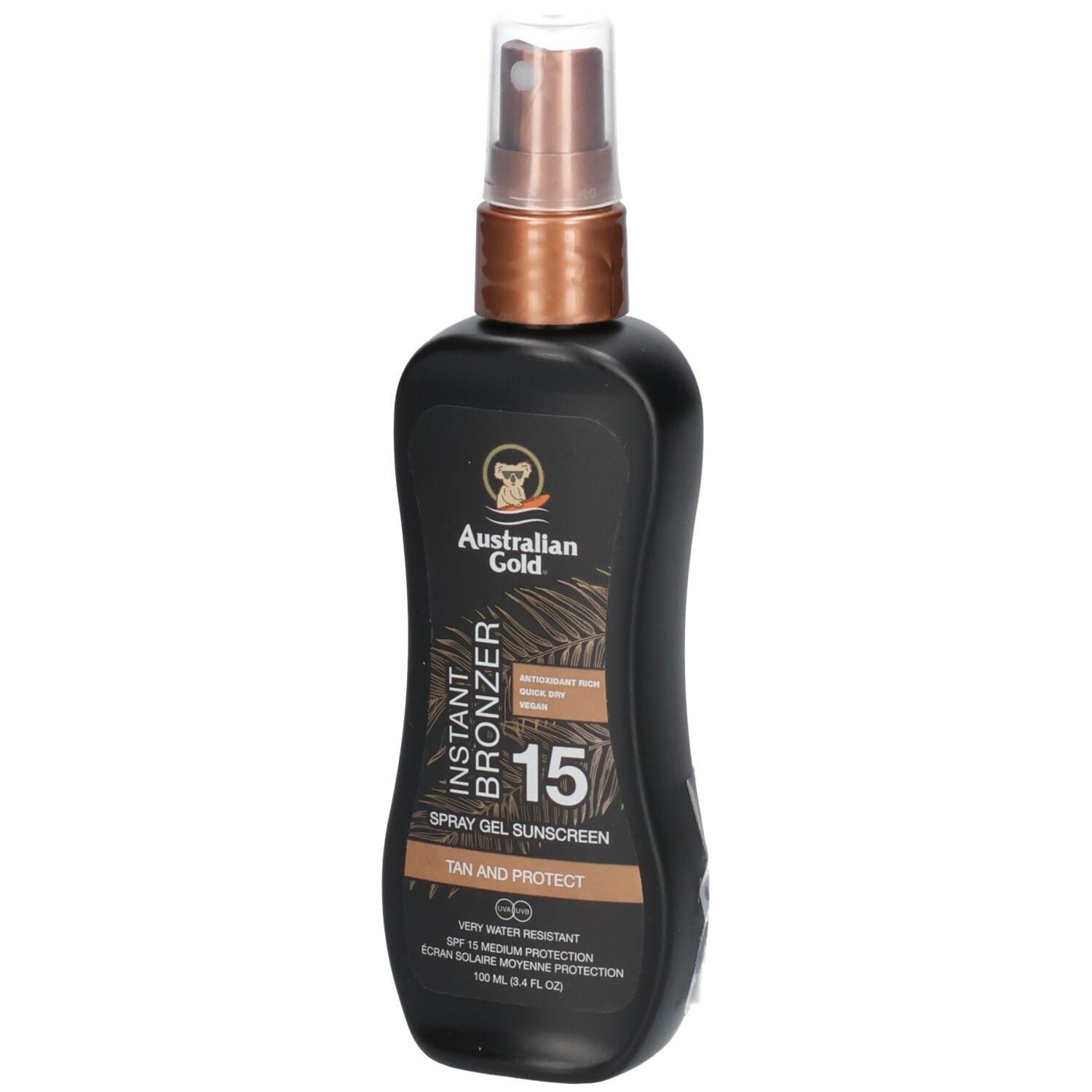 Flacone spray nero Australian Gold Instant Bronzer SPF 15.