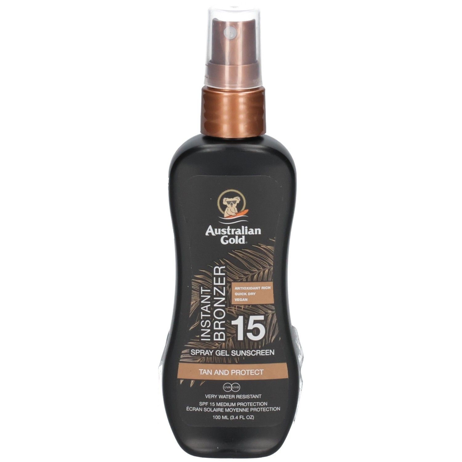 Flacone spray nero Australian Gold Instant Bronzer SPF 15.