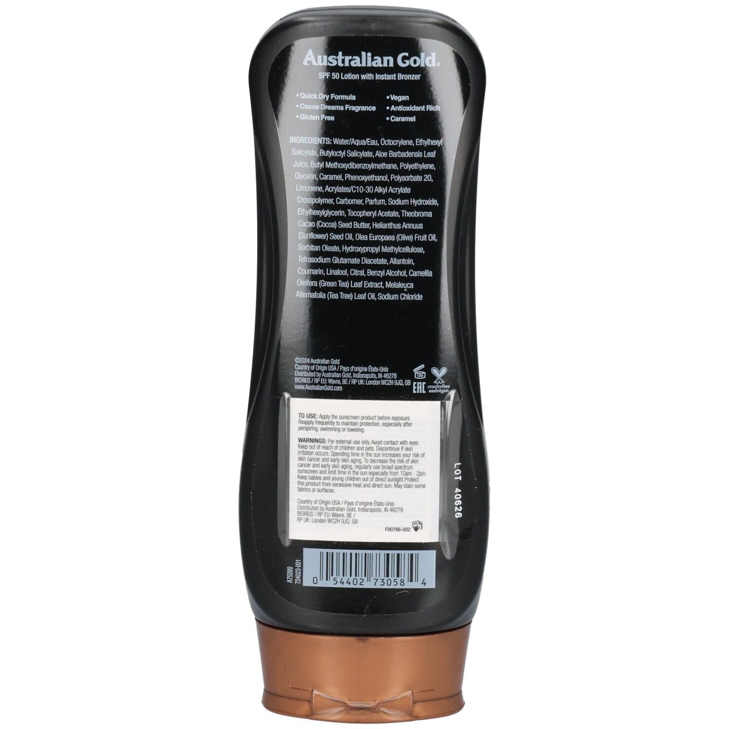 Retro di un flacone nero Australian Gold Instant Bronzer SPF 50 Lozione Solare, con elenco degli ingredienti.