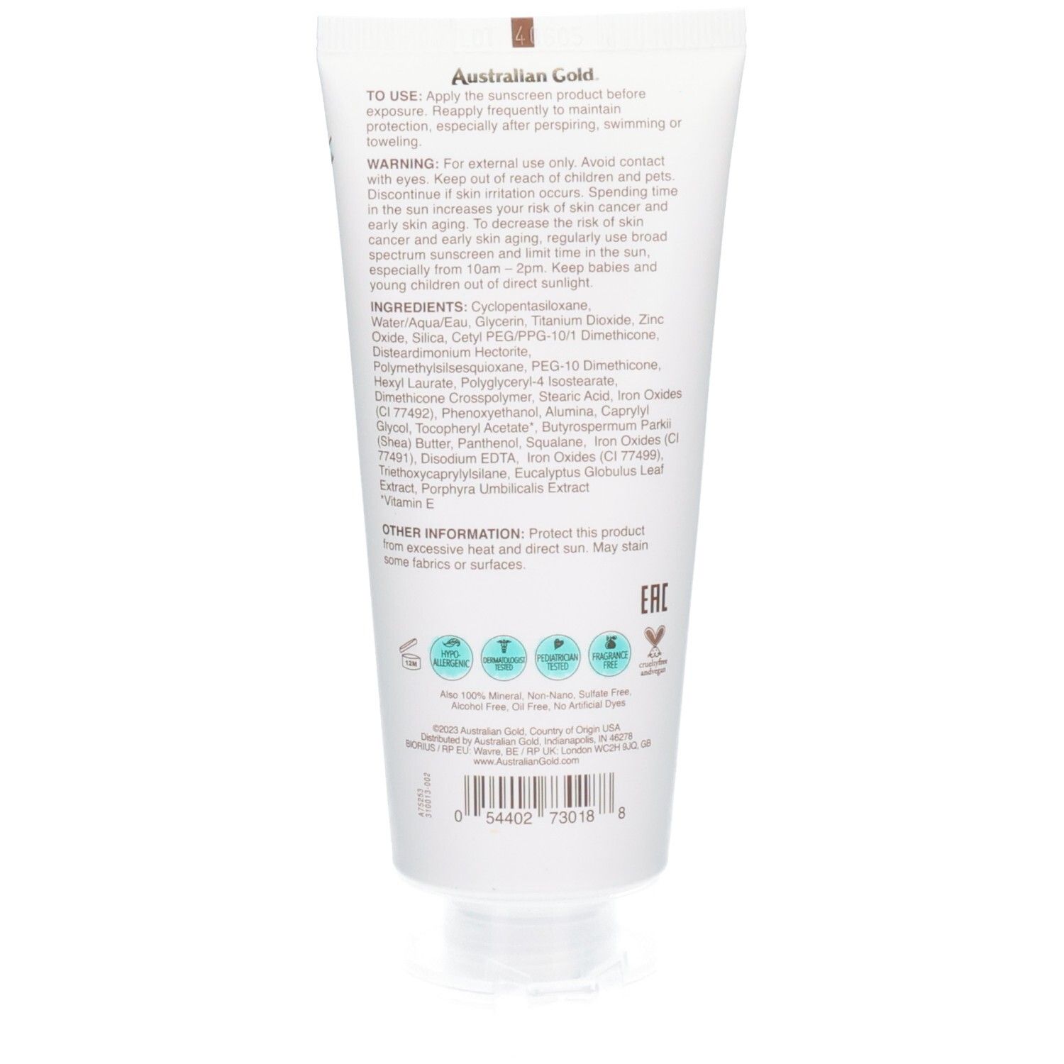 Retro del tubo di crema solare con ingredienti e istruzioni per l'uso.
