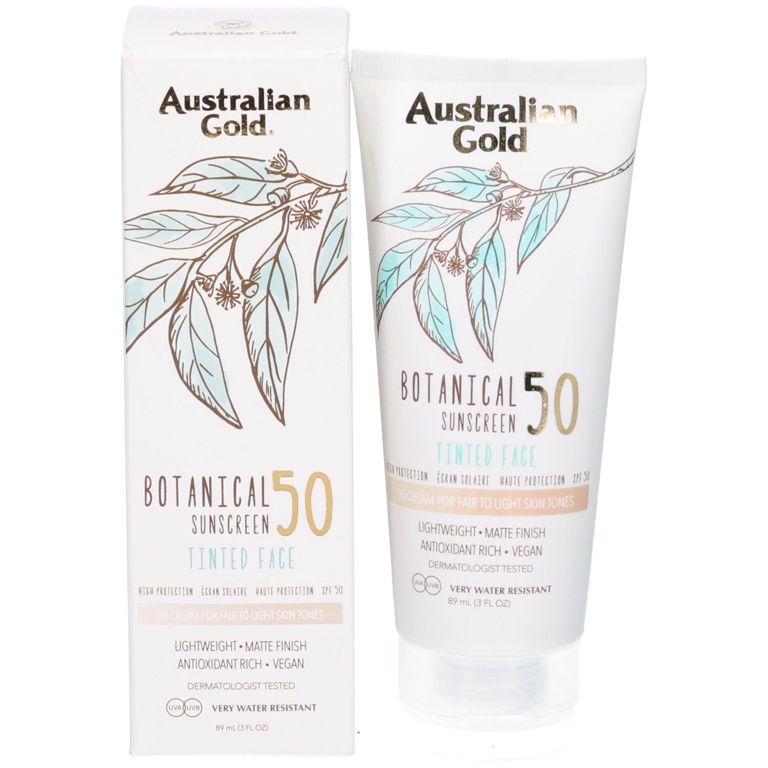 Tubo e scatola di crema solare, crema solare colorata per viso SPF 50, finitura chiara.
