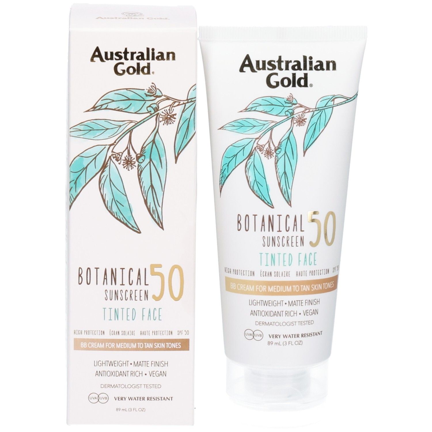 Tubo e scatola di protezione solare colorata SPF 50 per il viso.