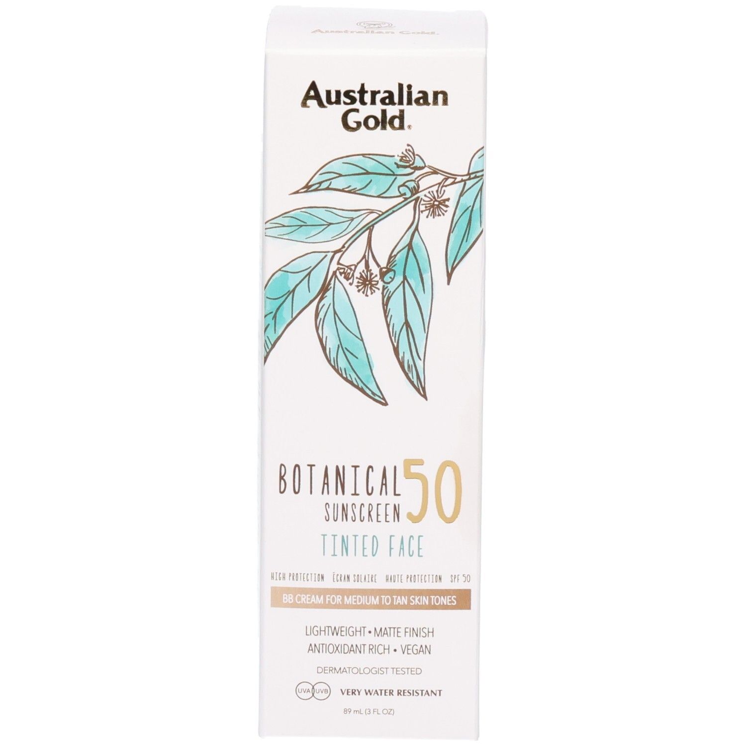 Scatola di protezione solare colorata SPF 50 per il viso, con design botanico.