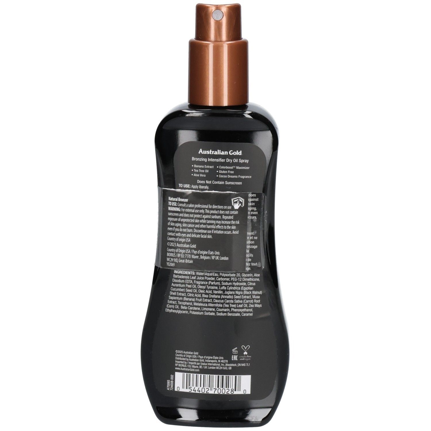 Retro della bottiglia Australian Gold Bronzing Intensifier Dry Oil Spray con ingredienti.