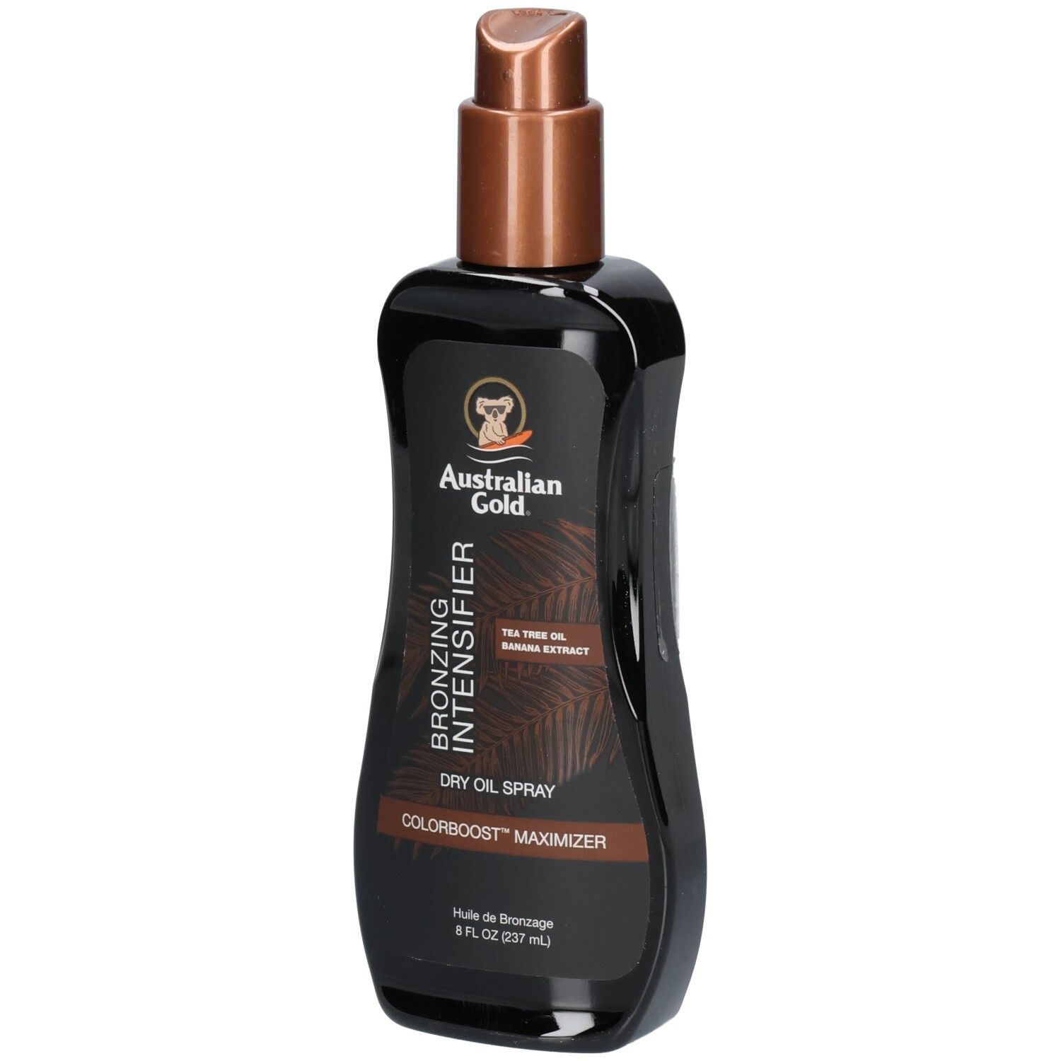 Australian Gold Bronzing Intensifier Dry Oil Spray con erogatore spray e design a foglia di palma.