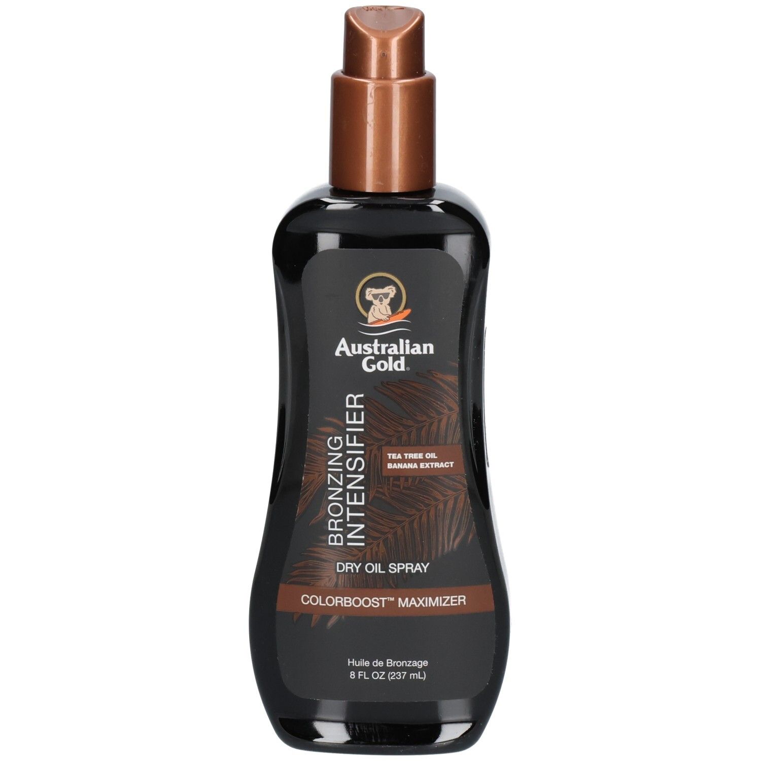 Australian Gold Bronzing Intensifier Dry Oil Spray, fronte con erogatore spray ed etichetta.