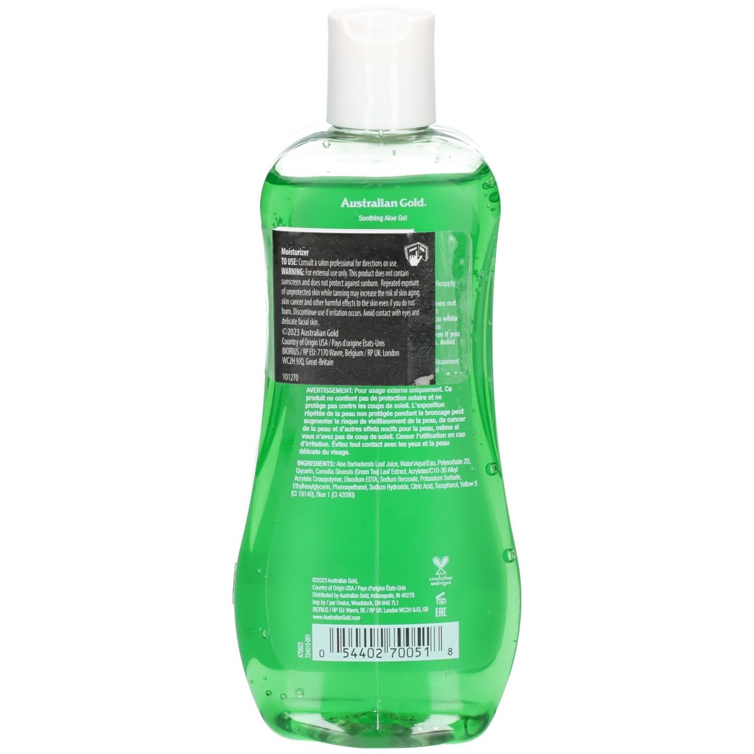 Retro di un flacone verde di Australian Gold Soothing Aloe After Sun Gel con informazioni bianche.