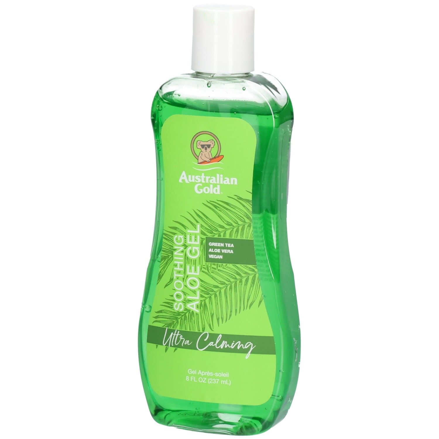 Flacone verde di Australian Gold Soothing Aloe After Sun Gel con tappo bianco. Contiene aloe vera e tè verde.