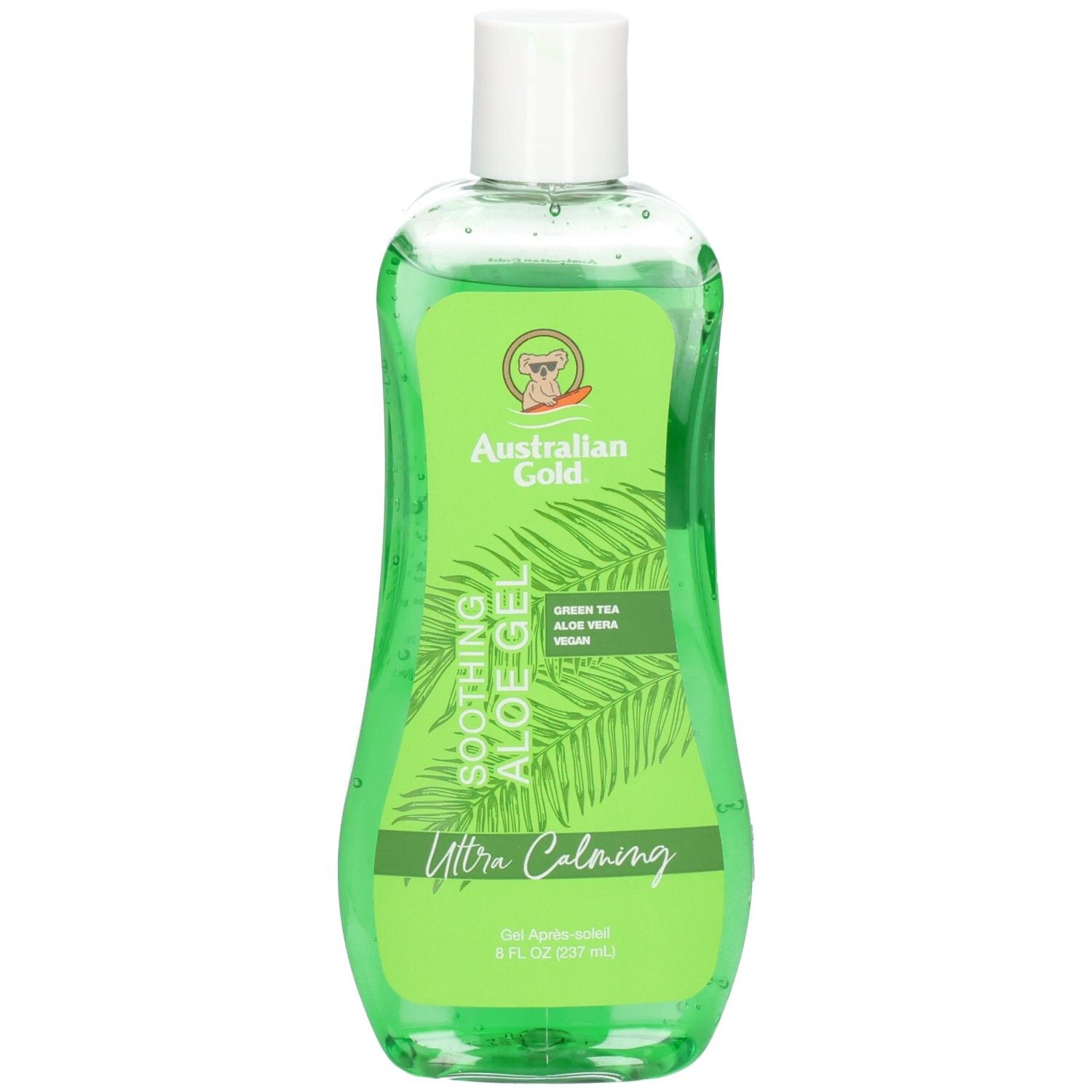 Flacone verde di Australian Gold Soothing Aloe After Sun Gel con tappo bianco. Contiene aloe vera e tè verde.
