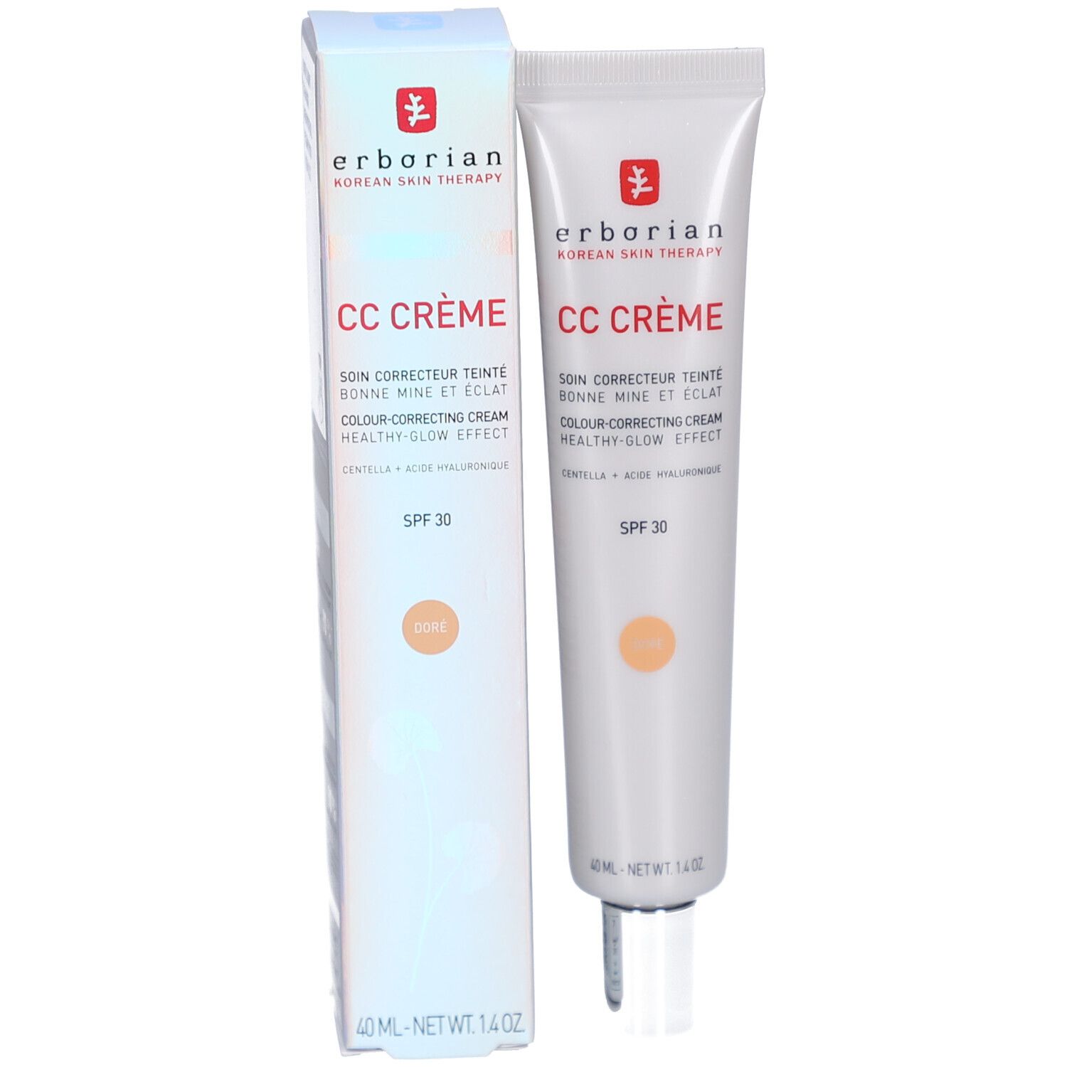 Confezione del prodotto con tubo e scatola. Marchio Erborian. CC Crème. Tonalità Doré. SPF 30. 40 ml.