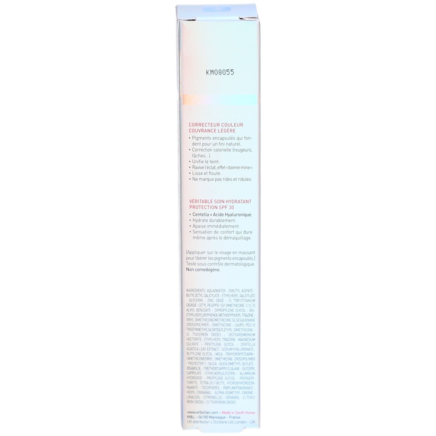 Lato della scatola con testo. Ingredienti e informazioni sul prodotto. Non comedogenico.