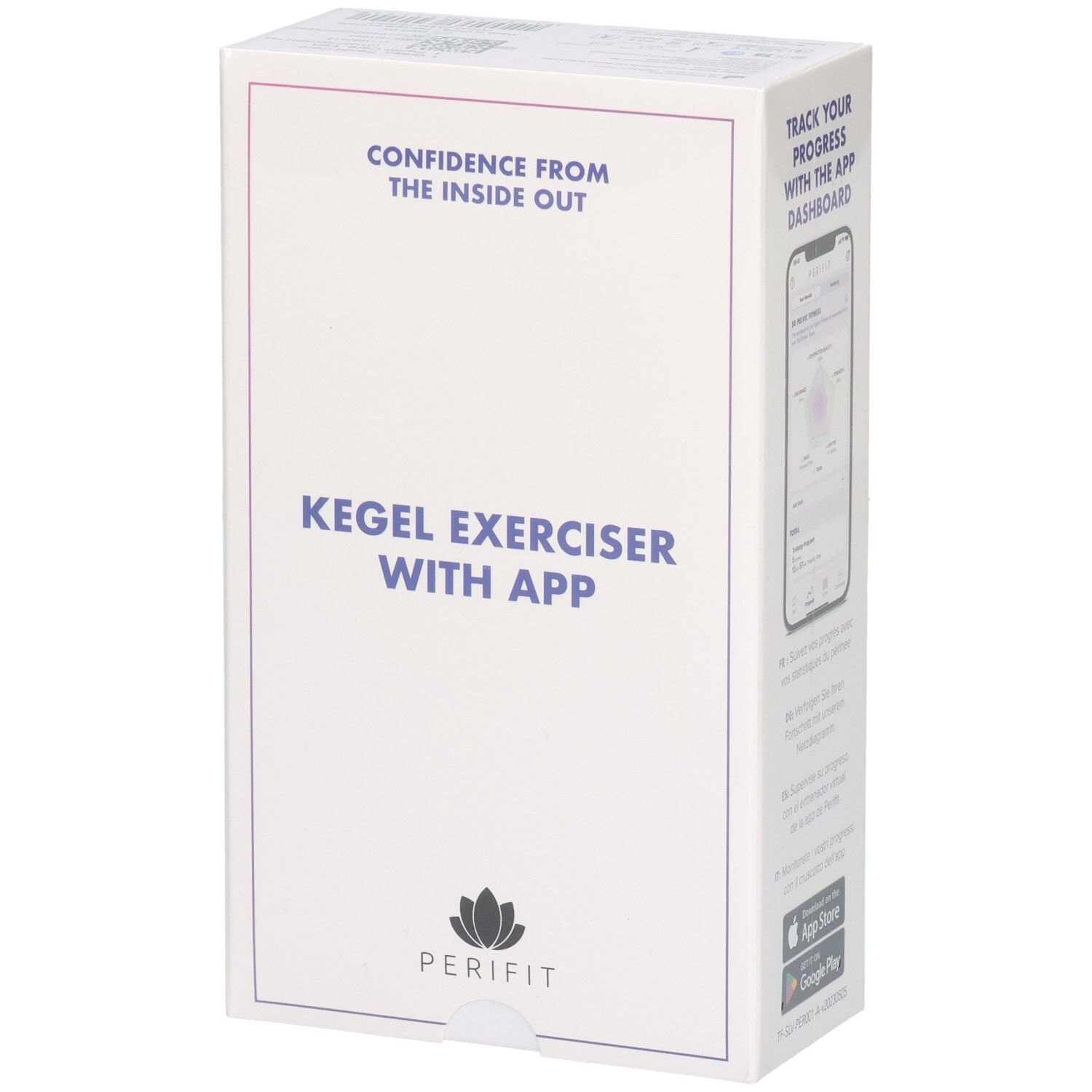Confezione bianca con testo: « Kegel Exerciser with App » e « Confidence from the inside out ». Logo: Perifit. Schermata del dashboard dell'app.