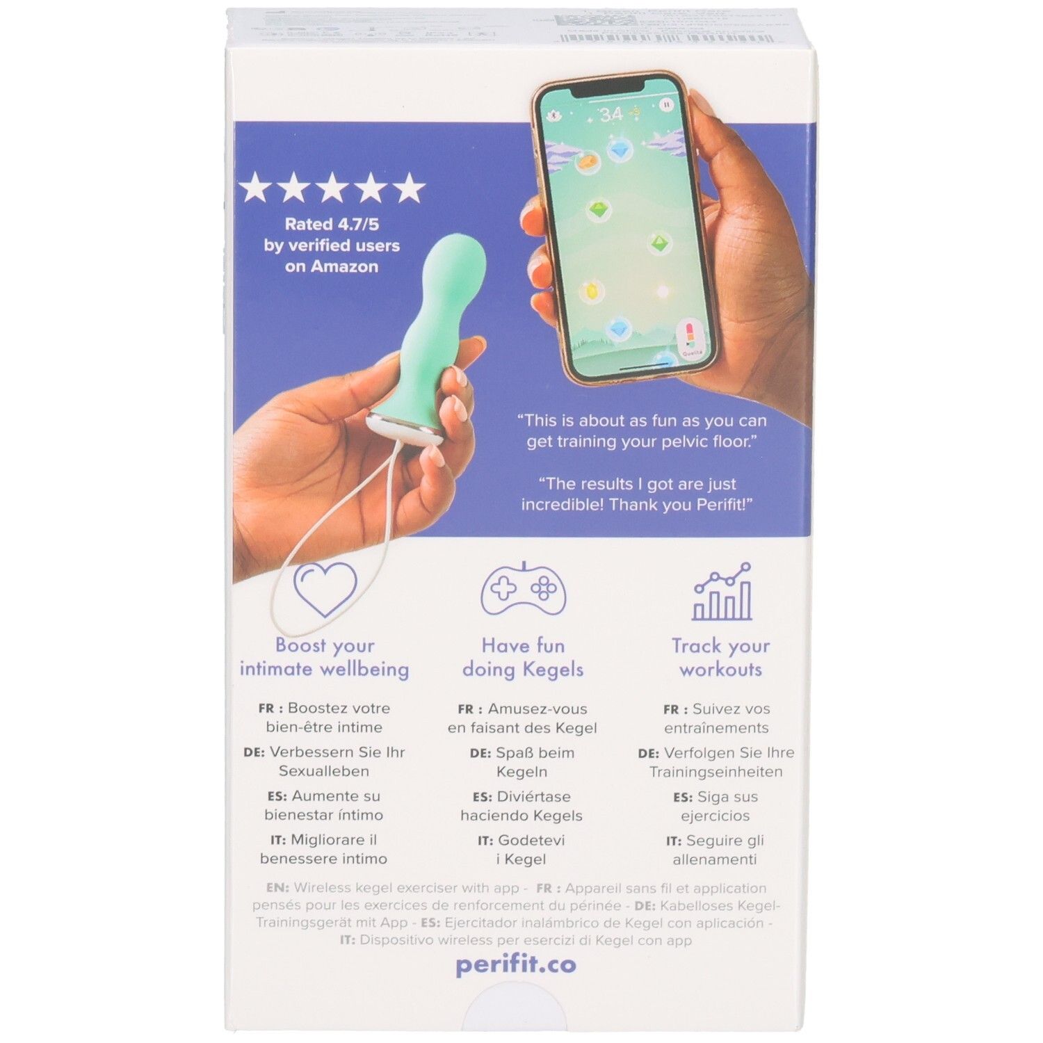 Prodotto e display dell'app per smartphone. Prodotto: verde, oblungo, con cavo. Schermata dell'app. Testo: « Rated 4.7/5 by verified users on Amazon ». Logo: Perifit.