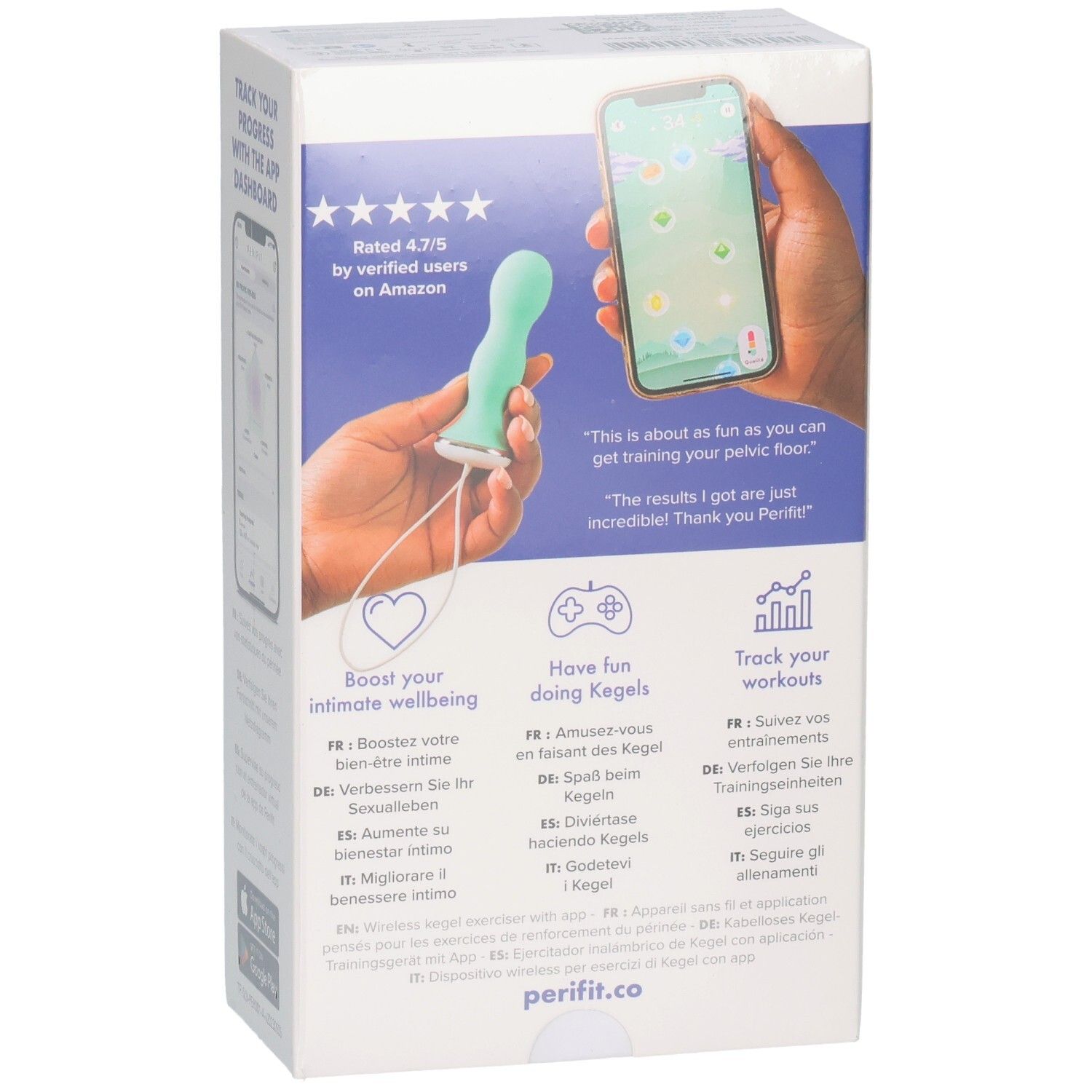Prodotto e display dell'app per smartphone. Prodotto: verde, oblungo, con cavo. Schermata dell'app. Testo: « Rated 4.7/5 by verified users on Amazon ». Logo: Perifit.