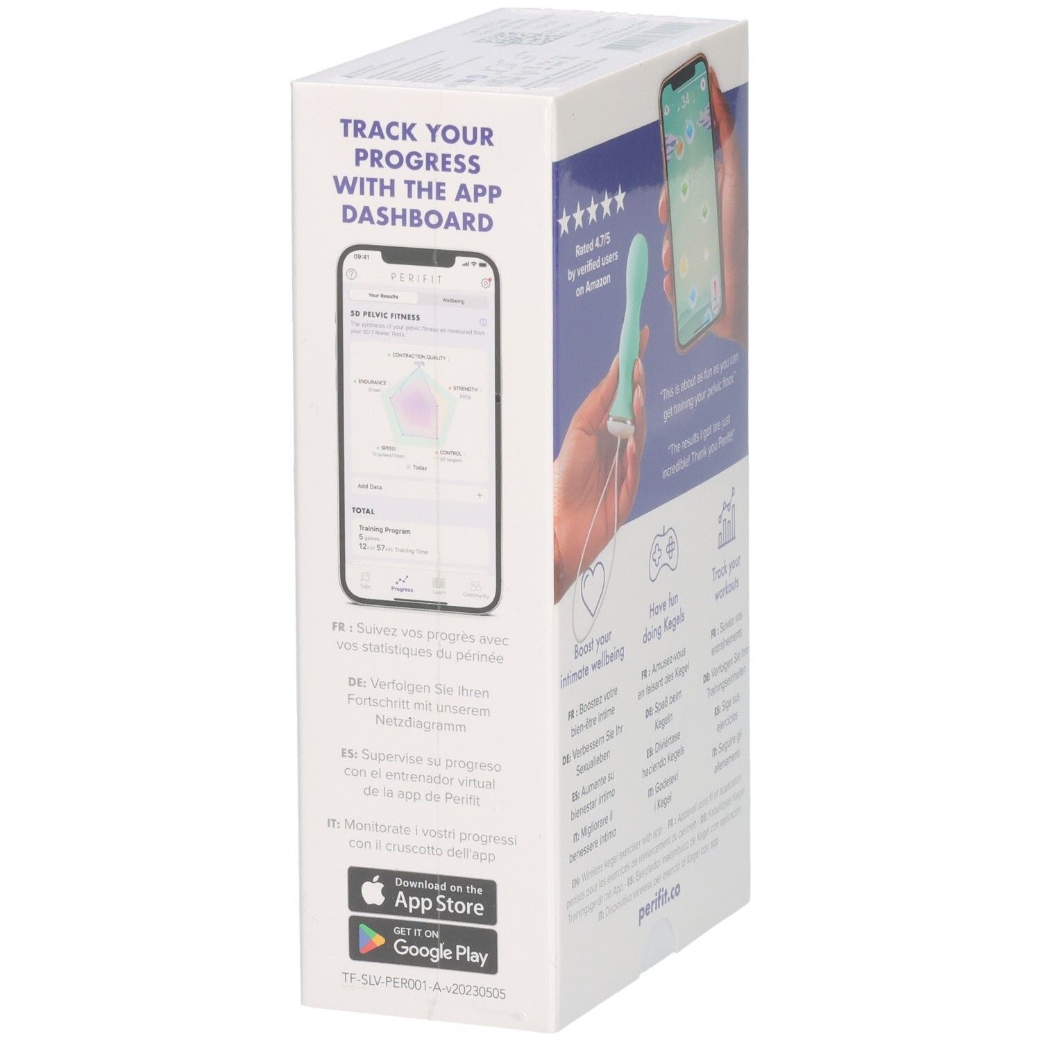 Confezione bianca. Testo: Kegel Exerciser with App. Logo Perifit. Illustrazioni di giochi per app e testi multilingue. Testo: Get motivated.
