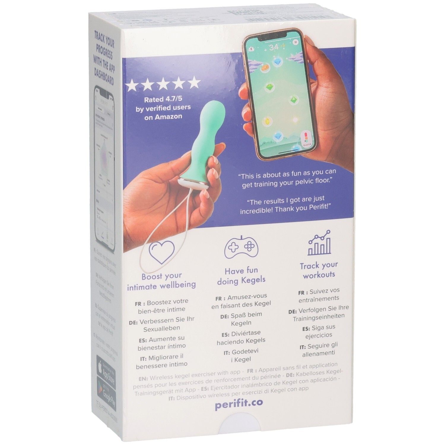 Confezione bianca. Testo: Kegel Exerciser with App. Logo Perifit. Testo: Confidence from the inside out.