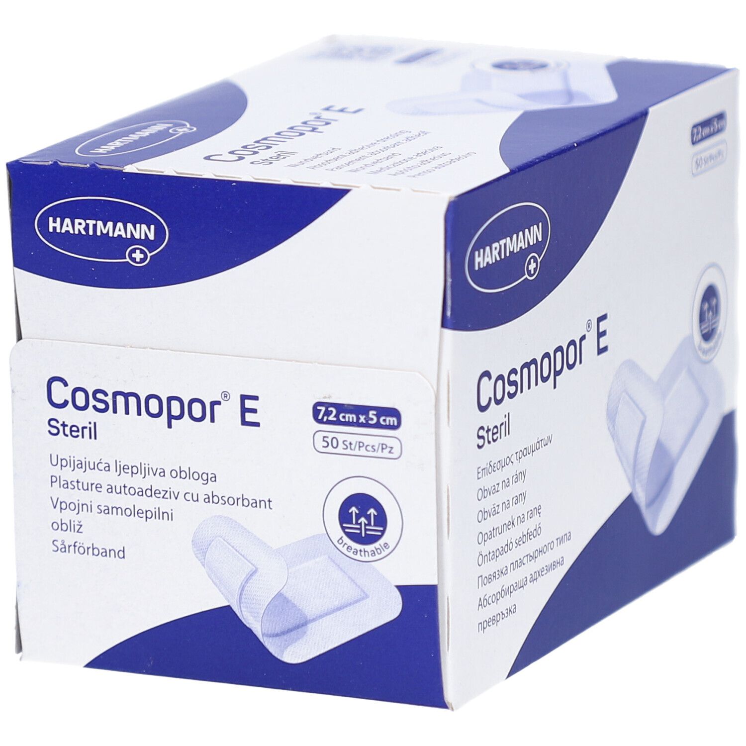 Confezione Cosmopor® E sterile. Contiene 50 pezzi, 7,2 x 5 cm. Scritte multilingue. Logo Hartmann.