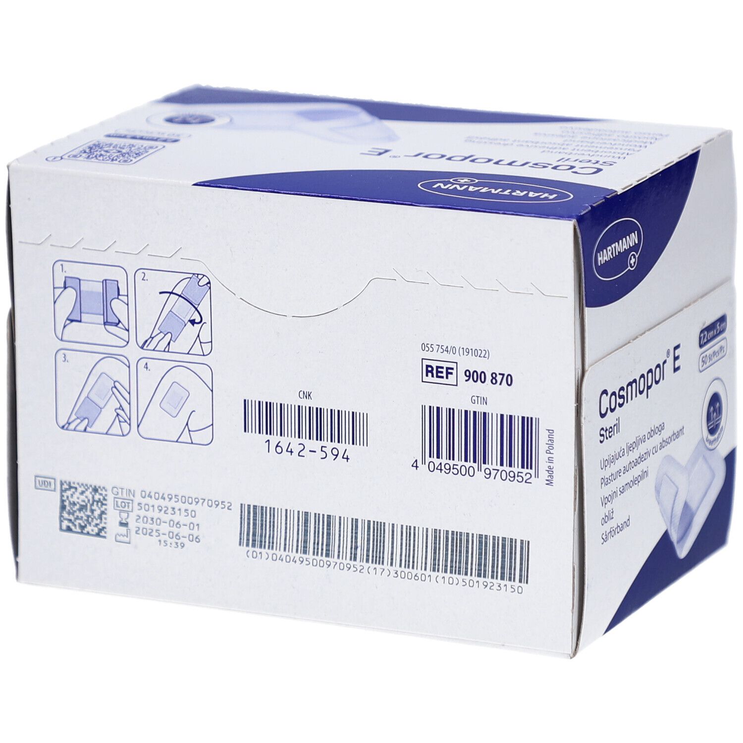 Retro della confezione Cosmopor® E sterile. Contiene 50 pezzi, 7,2 x 5 cm. Immagine del prodotto e istruzioni per l'uso.