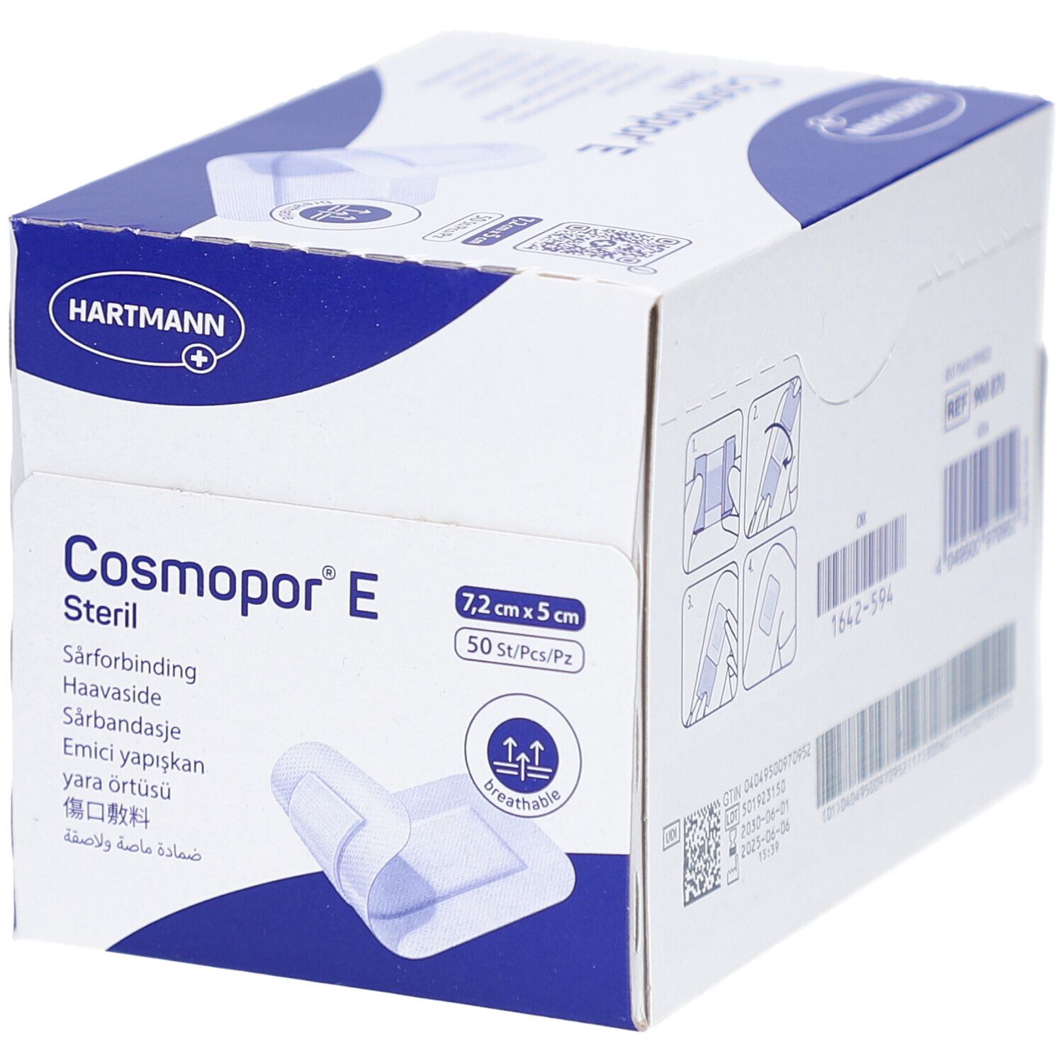 Confezione Cosmopor® E sterile. Contiene 50 pezzi, 7,2 x 5 cm. Scritte multilingue. Logo Hartmann.