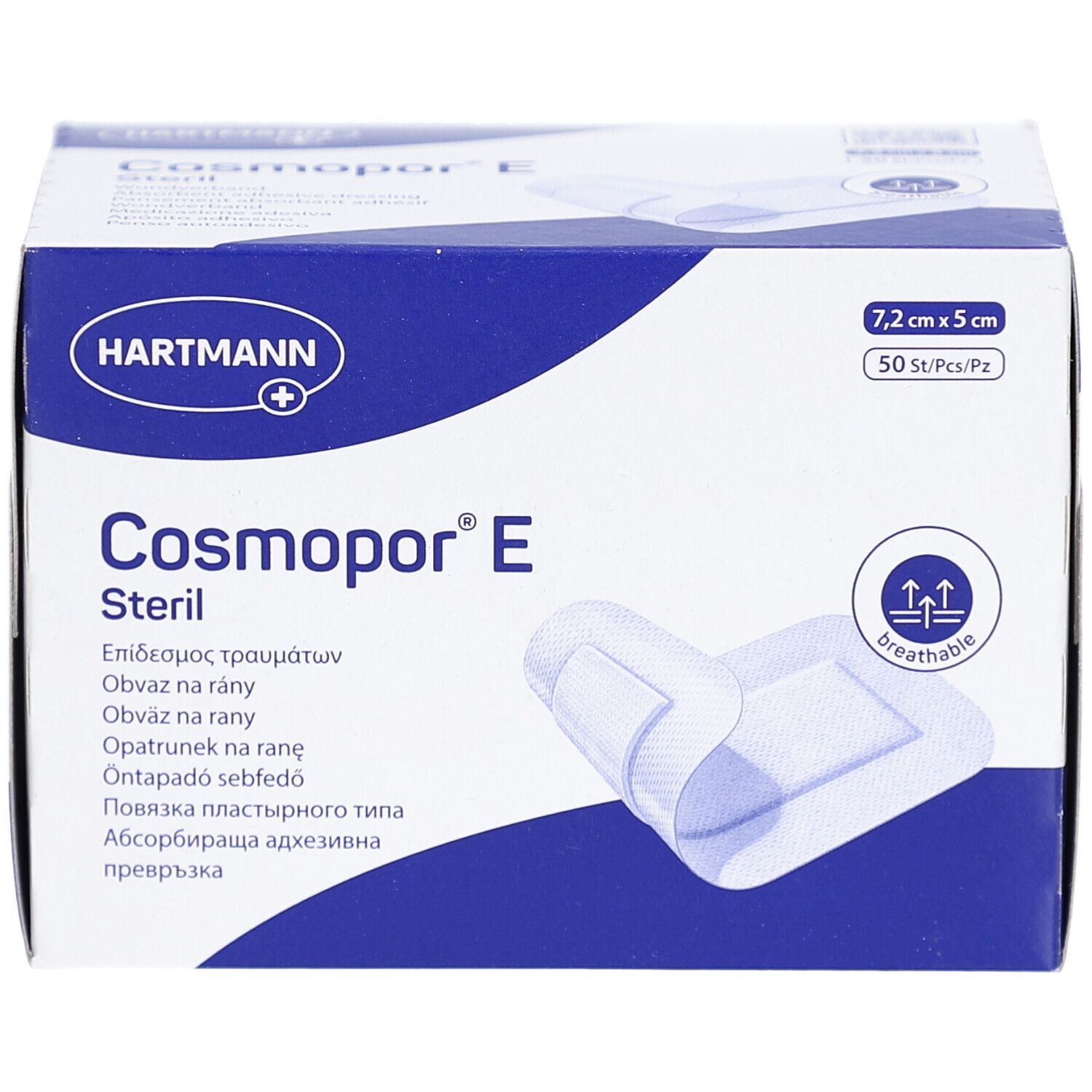 Confezione di medicazioni Cosmopor® E sterili. Contiene 50 pezzi, 7,2 x 5 cm. Confezione con immagine del prodotto e logo.