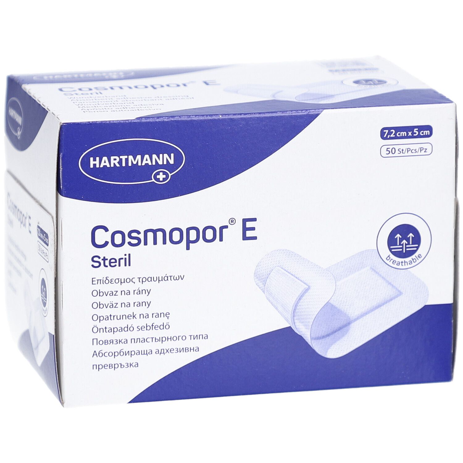Confezione di medicazioni Cosmopor® E sterili. Contiene 50 pezzi, 7,2 x 5 cm. Confezione con immagine del prodotto e logo.