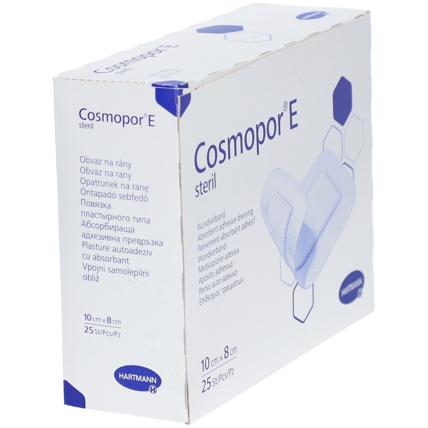 Vista obliqua della confezione di medicazioni Cosmopor® E sterili. Dimensioni 10 x 8 cm, 25 pezzi. Logo Hartmann.