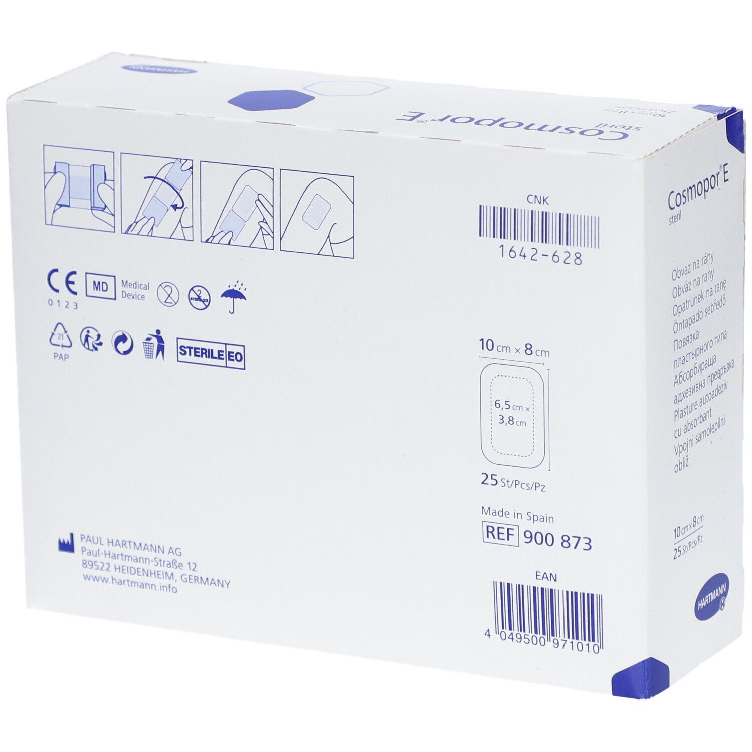 Retro della confezione di medicazioni Cosmopor® E sterili. Informazioni su dimensioni, numero di lotto, produttore e certificazioni.