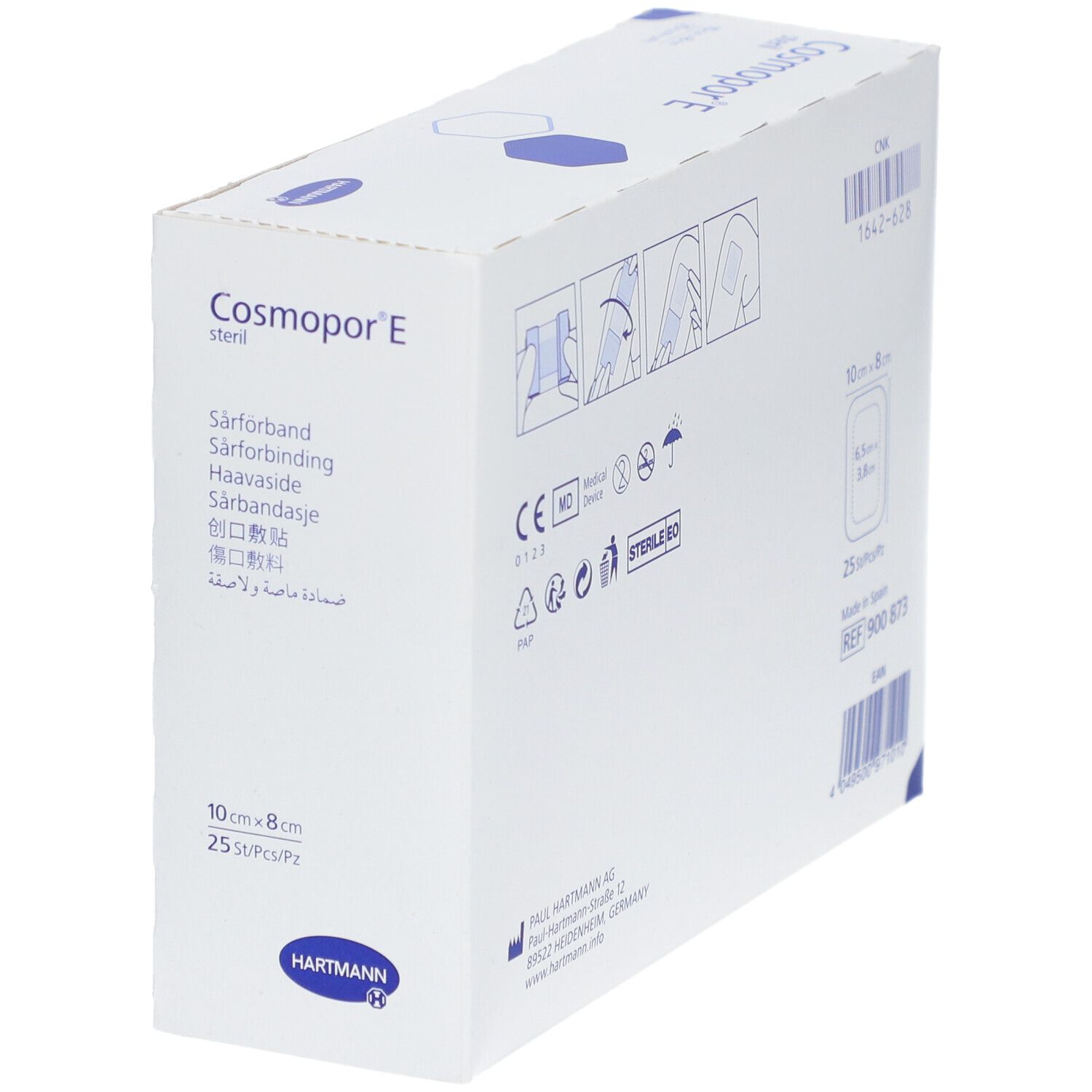 Vista obliqua della confezione di medicazioni Cosmopor® E sterili. Informazioni su dimensioni, numero di lotto, produttore e certificazioni.