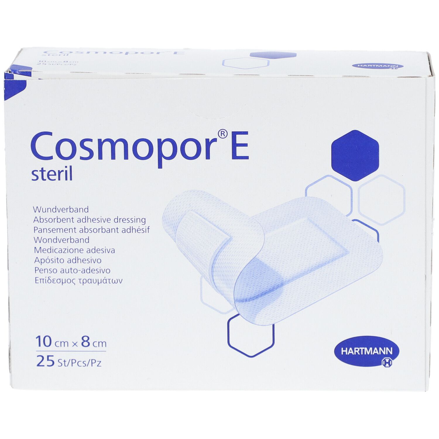 Confezione di medicazioni Cosmopor® E sterili. Dimensioni 10 x 8 cm, 25 pezzi. Logo Hartmann.
